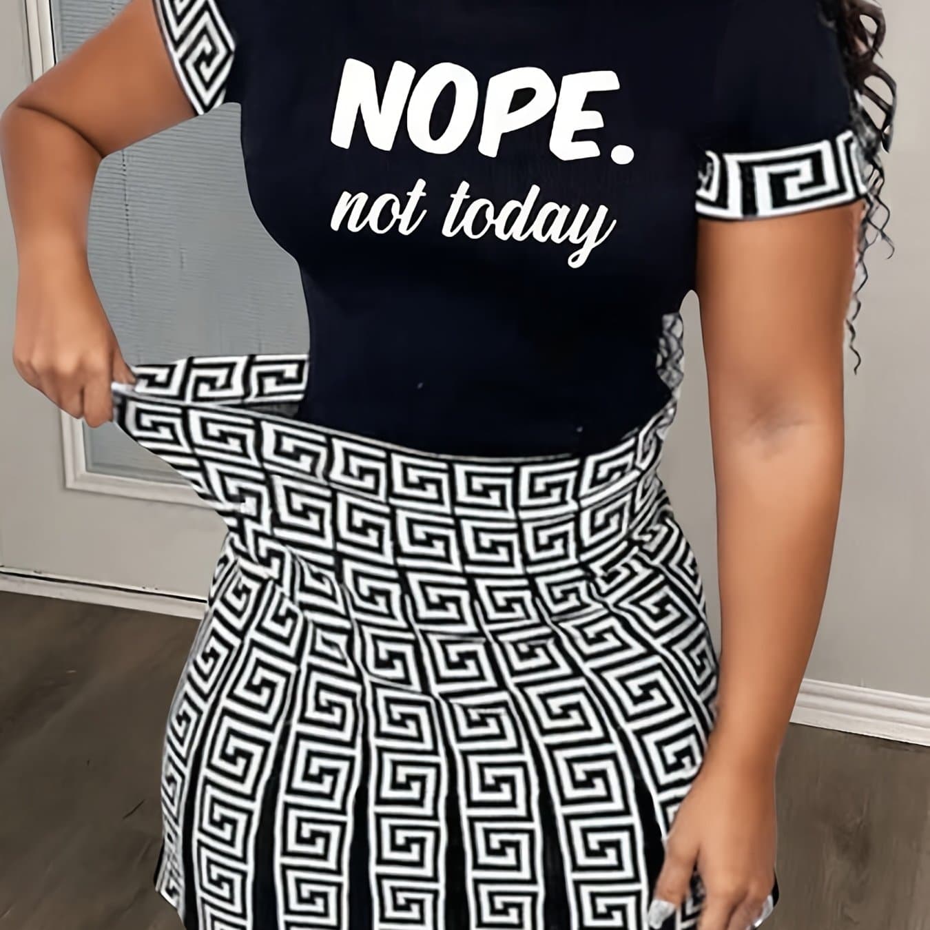 TEMU European And Vacation Round Neck Short Sleeve Letter Print T-shirt And Printed Mini Skirt Casual 2pcs Set