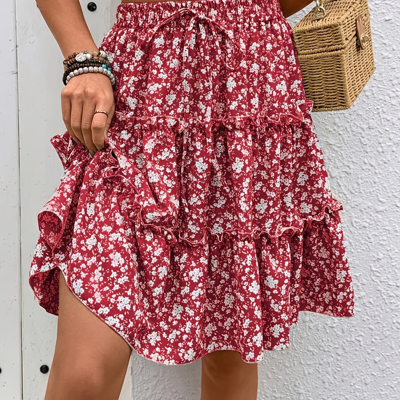 TEMU Women's Fashion Spring Summer Floral A-line Pleated Skirt, Suitable For Beach Casual Vacation Outing