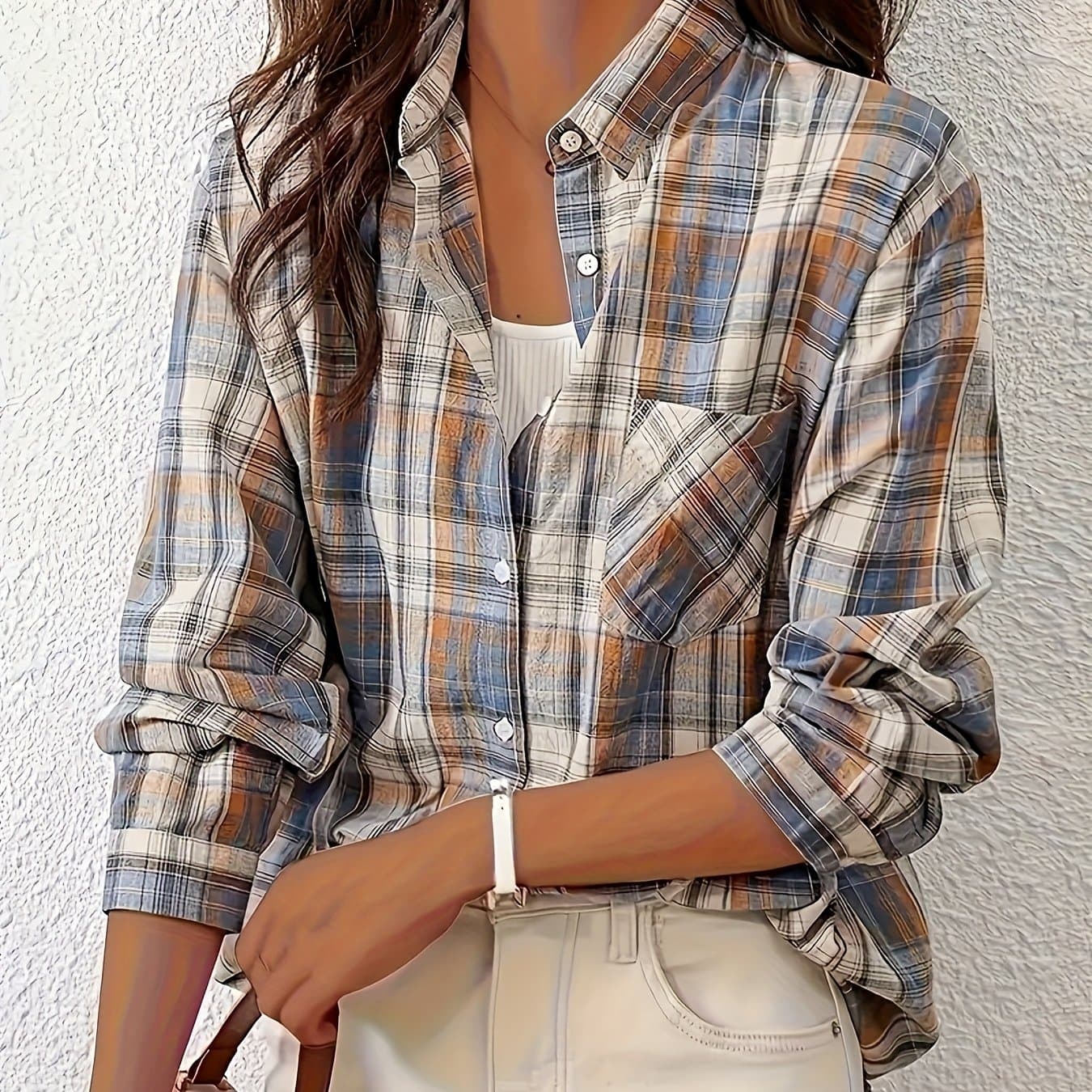 TEMU Women's Elegant Checkered Shirt - And Brown Button-up Top, Machine Washable, Casual Formal Wear, Loose Comfortable Fabric, Fashionable , Lightweight Comfortable, Versatile For Multiple Occasions