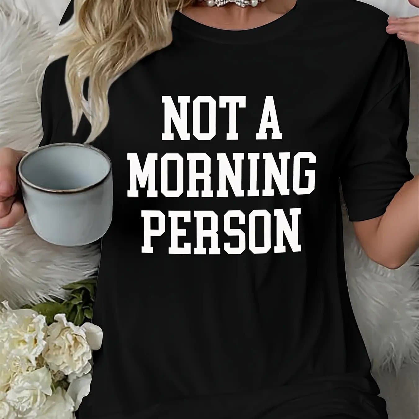 TEMU Women's "not An " Slogan Pajama T-shirt - Short Sleeve Round Neck Sleepwear, Soft Polyester Blend Nightgown, Machine Washable Spring/ Bedwear With Slogan Print (no /) - Casual Sleep Clothes