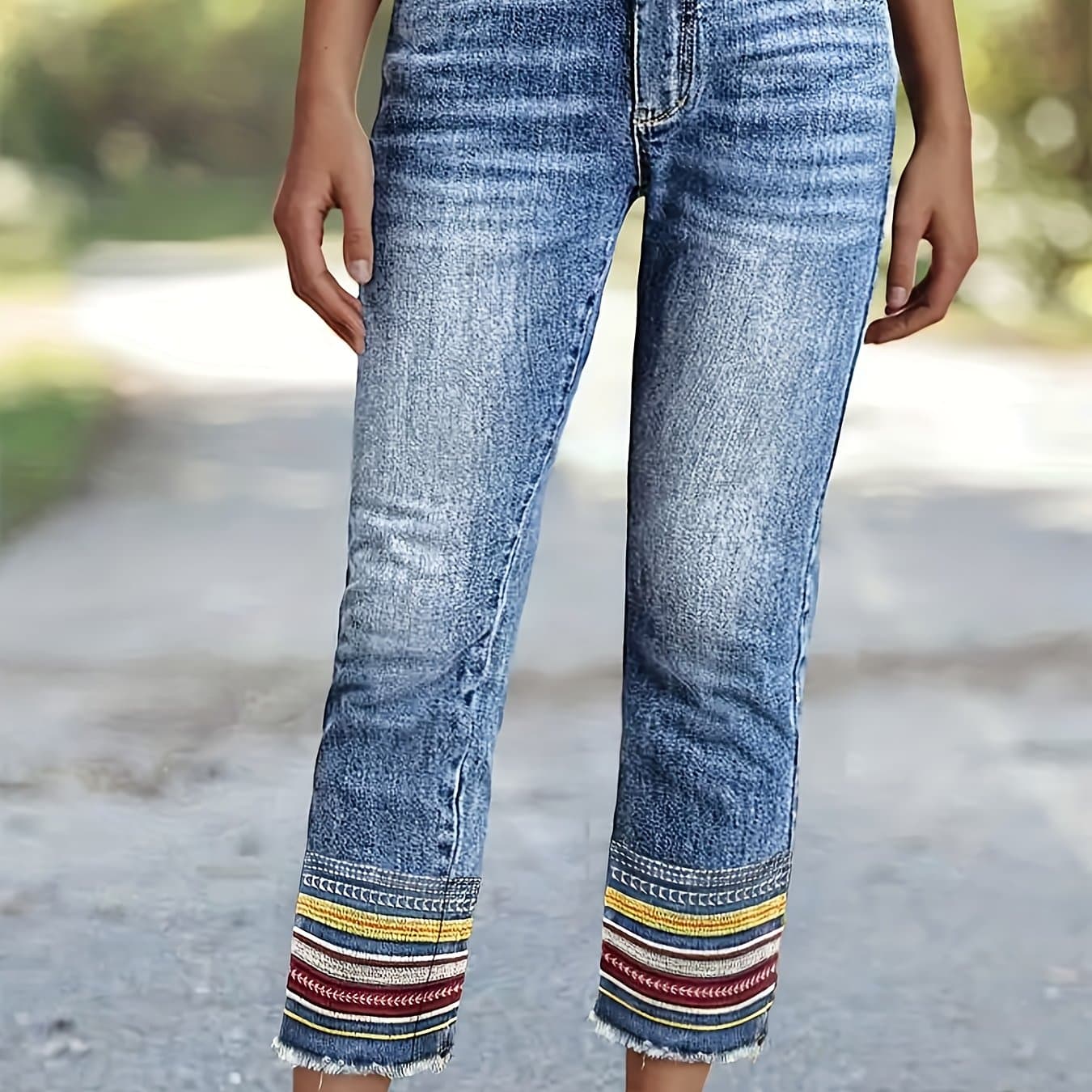 TEMU Women's Plus Size Denim Pants, Ethnic Style Embroidered Skinny Straight Leg Pants
