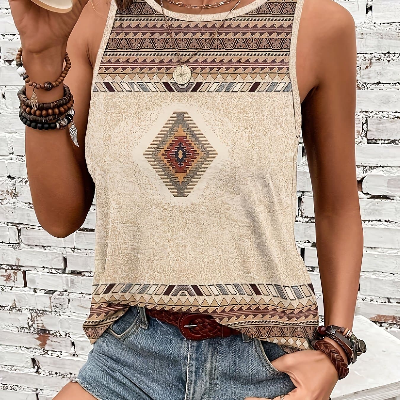TEMU Women's Fashion Casual Round Neck Printed Tank Top