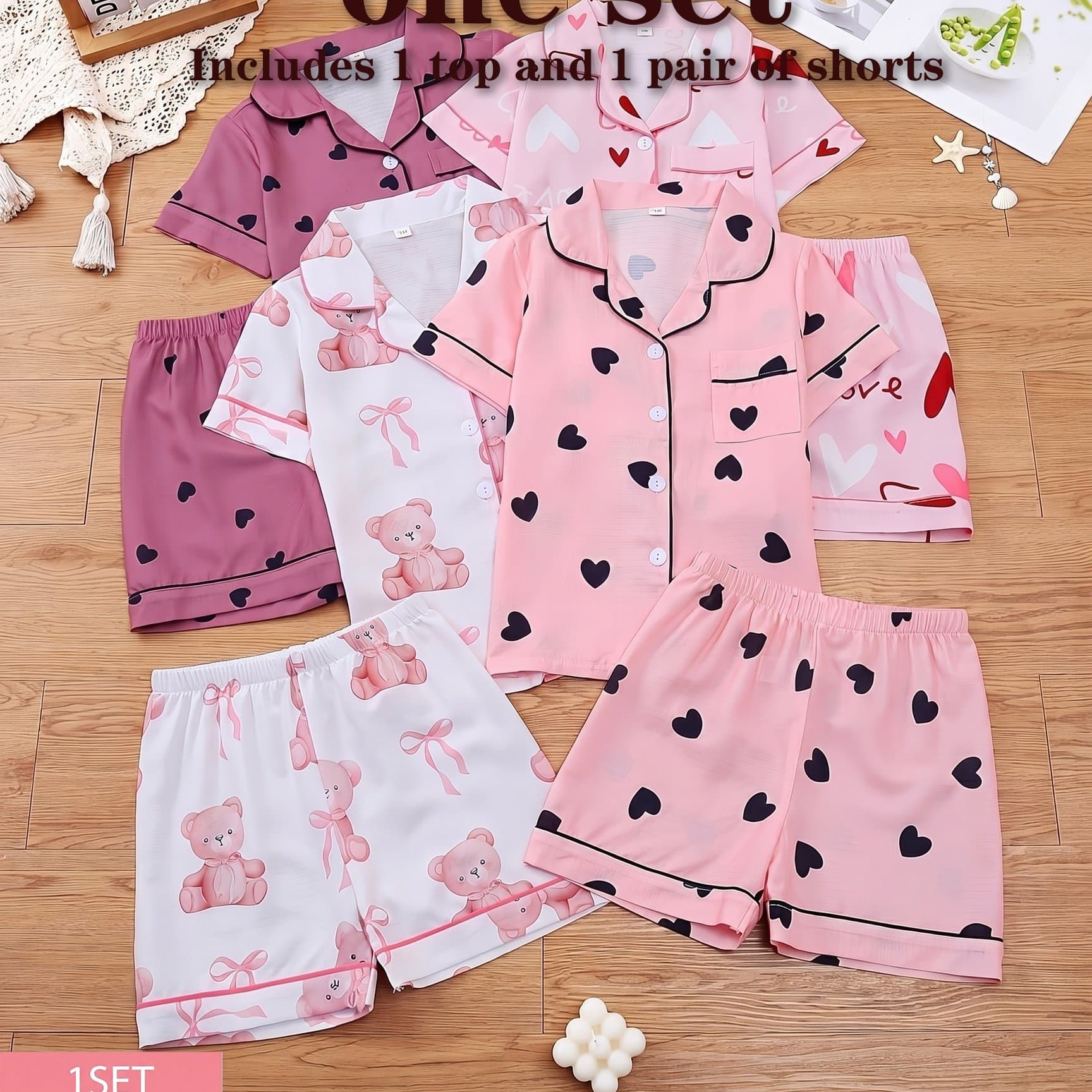 TEMU Random 1 Set!girls' Lapel Pajama Set, Short-sleeve Top And Elastic-waist Shorts, Taro , Light , White With Teddy And Bows, Pink With Black Hearts. Soft, Skin-friendly Bubble Crepe For Cozy