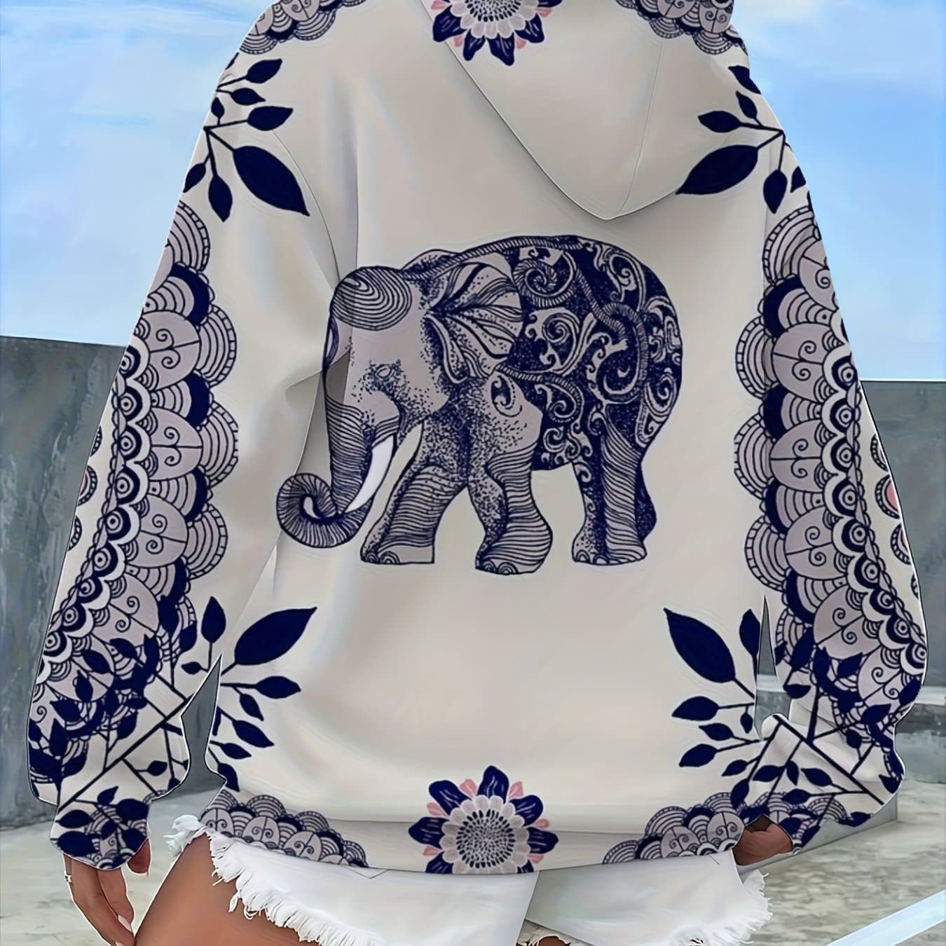 TEMU Cozy Plus Size Hoodie Cozy Comfortable Women's Plus Size Hoodie Navy Floral Pullover Sweatshirt Machine Washable Casual Wear Autumn Winter Apparel_1