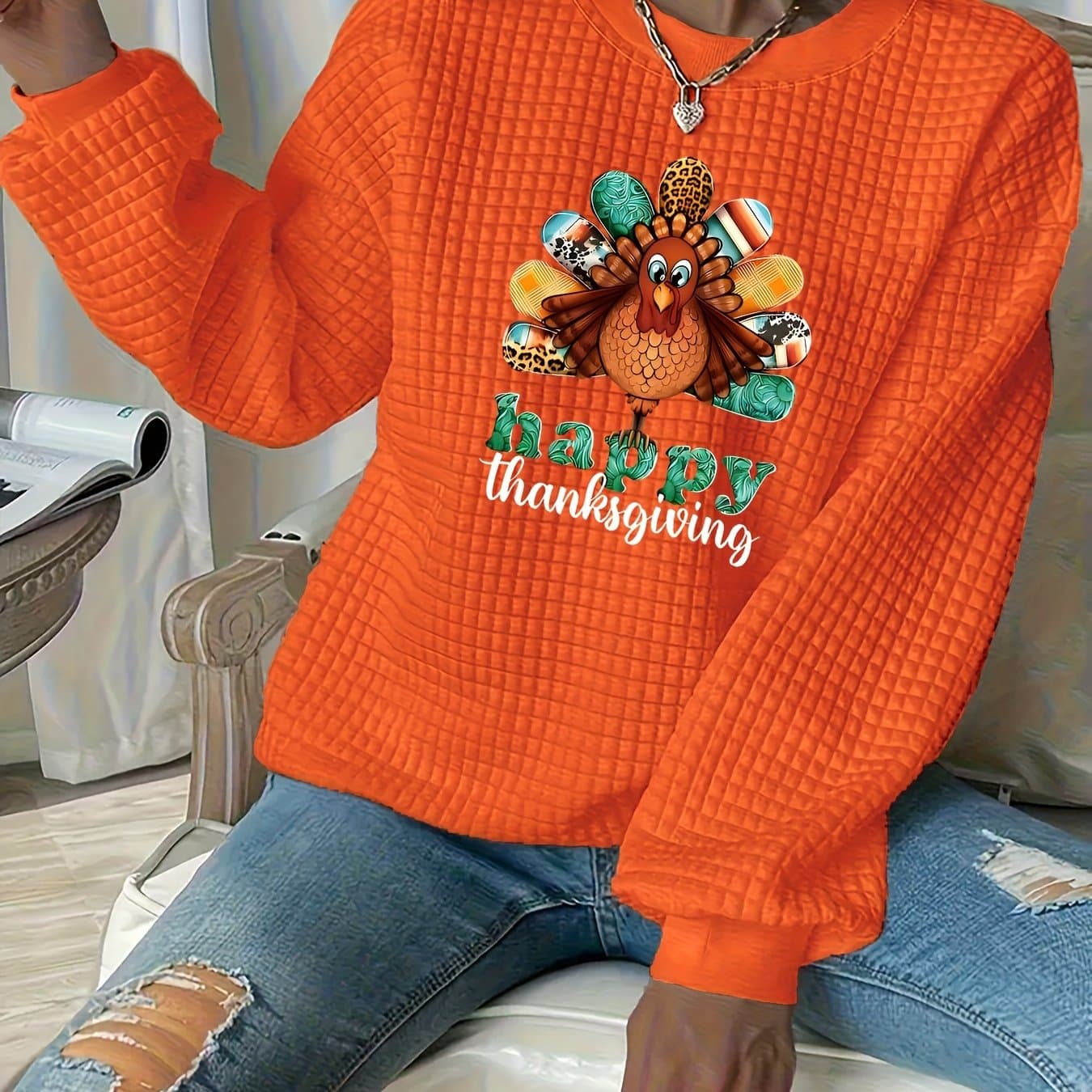 TEMU Plus Size, Plus Size Women's Waffle Texture Sweatshirt, Fashionable Versatile Printed Sweatshirt thumbnail 2