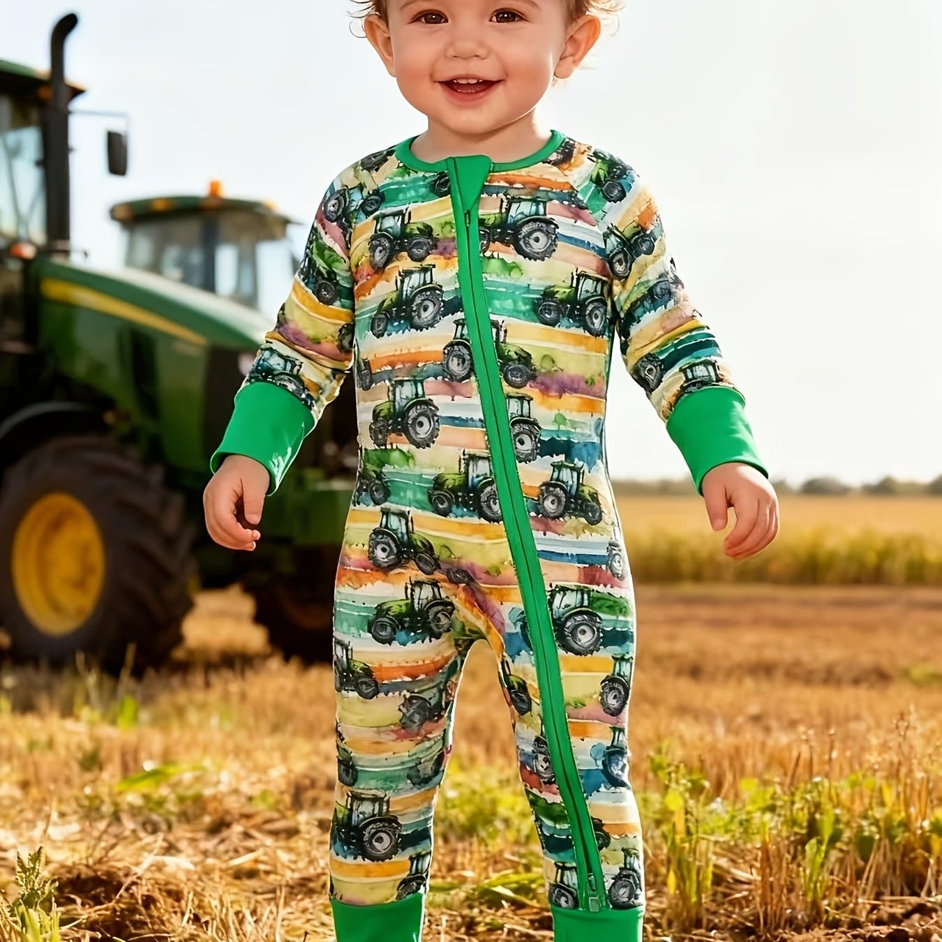 TEMU Bamboo Fiber Baby Bodysuit, Romper, Natural Antibacterial, Skin-friendly, Close-fitting And Comfortable, Printed Tractor Pattern, Bright And , , Baby Girl Clothes, For Outdoor
