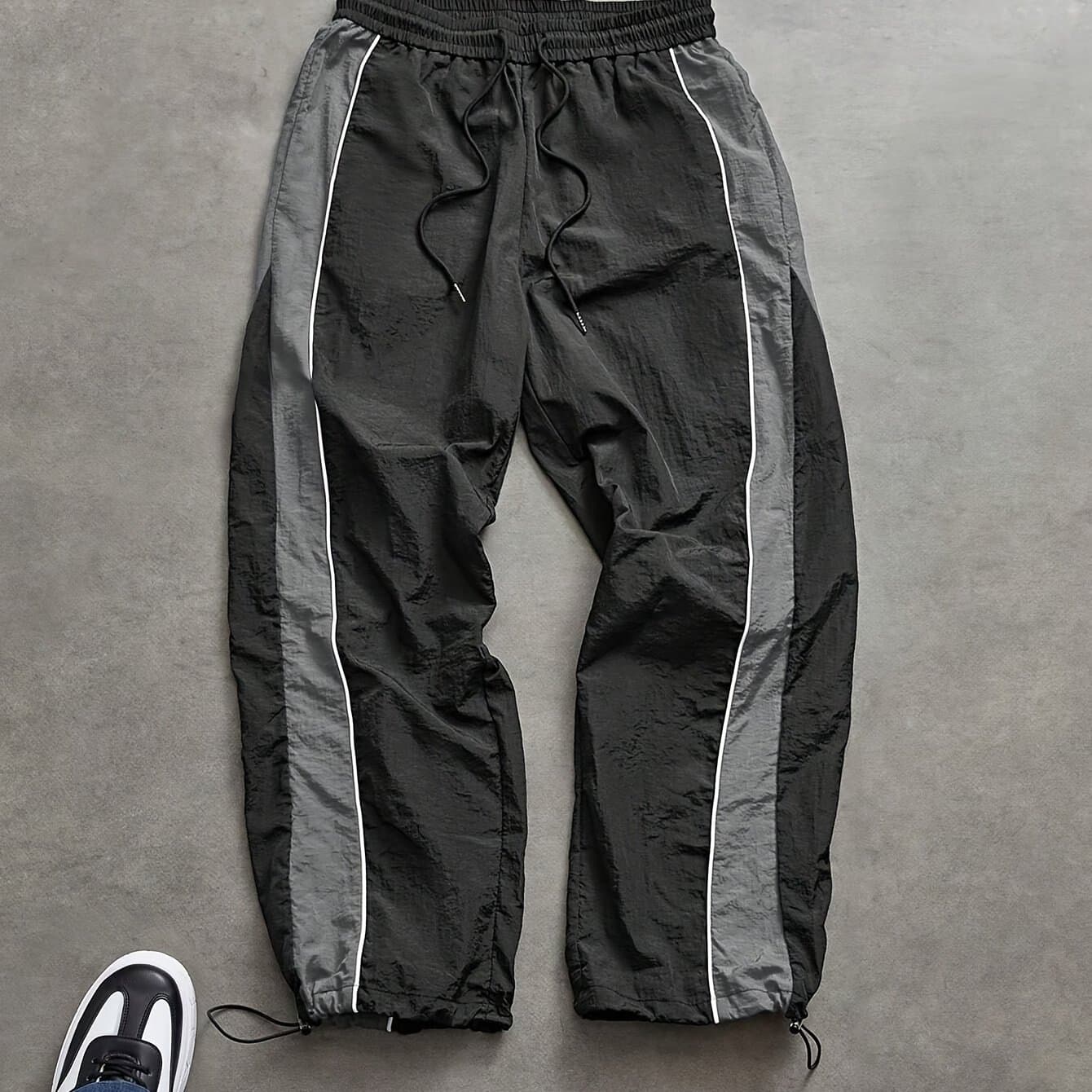 TEMU Casual Athletic Contrast Ankle Adjustable Contraction Loose Long Pants, Elastic Drawstring Waist Long Trousers