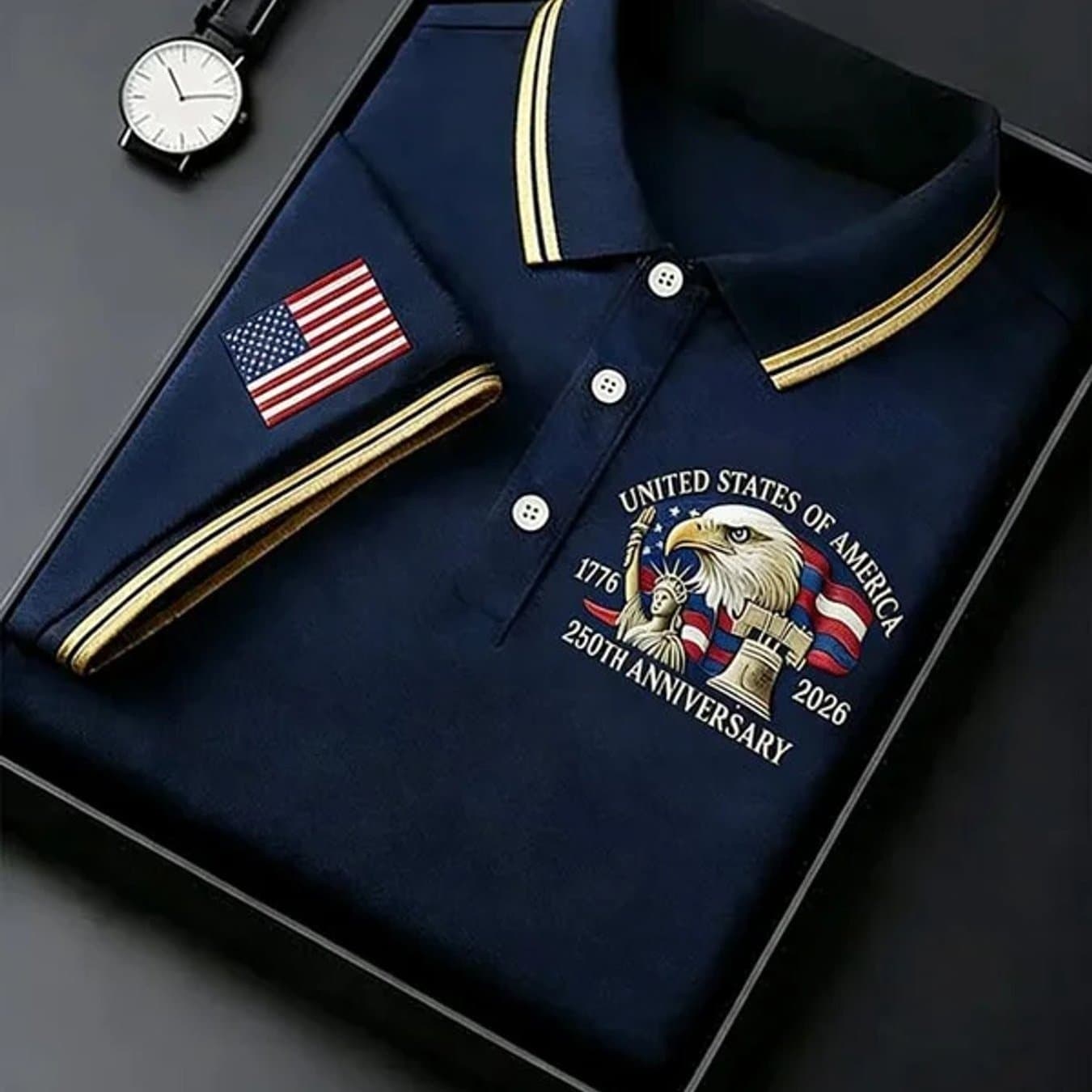 TEMU Men's Shirt Navy Blue Casual Trendy American Flag Eagle Statue Of Bell 1776-2026 250th Anniversary Pattern Men's Fashion For Adults Men Holiday Gift Casual Wear