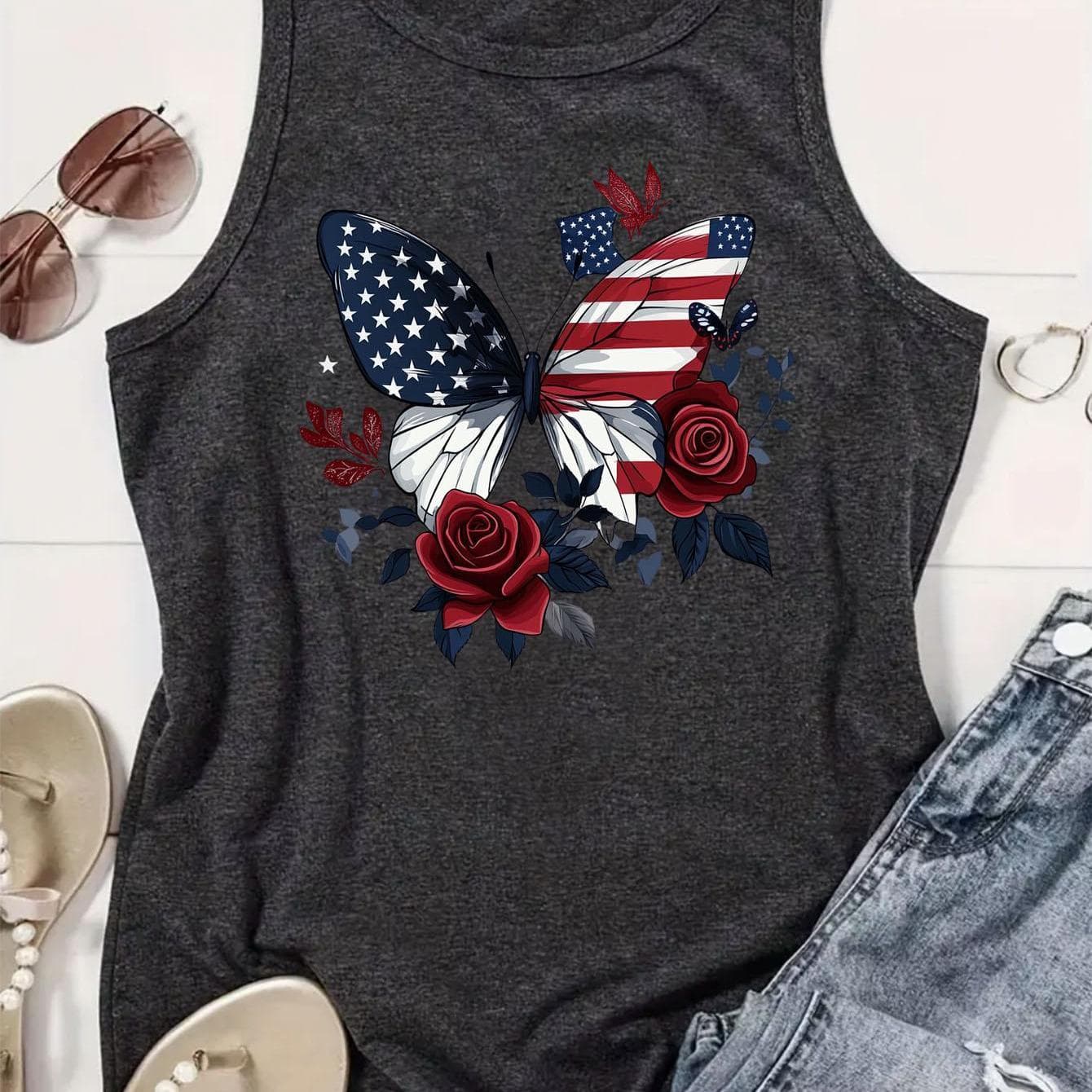 TEMU 1pc, 180g Fashionable Crew Neck Tank Top - Drawing Printed Top For Women - Casual Short Sleeveless Crew Neck Shirt - Lightweight & Breathable Vest For All Wardrobe, Polyester
