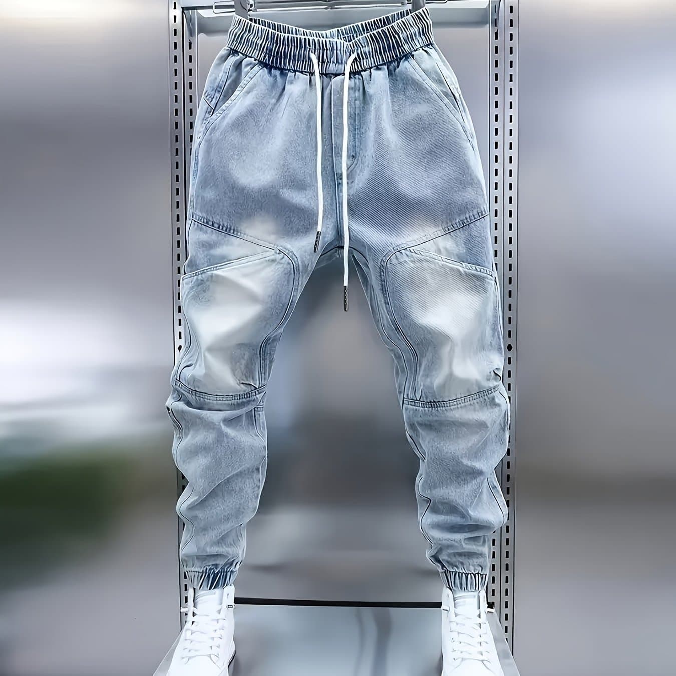 TEMU Elastic Waist Dad Jeans, Street Style, Solid Color, Suitable For All