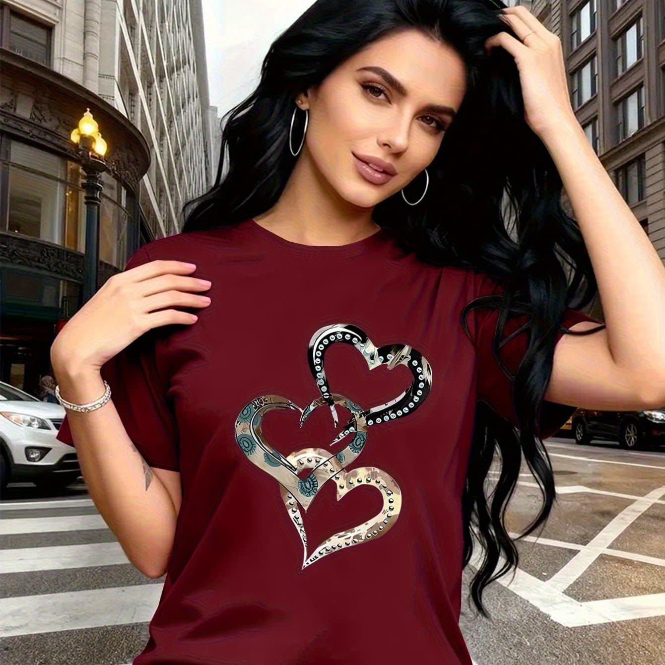 TEMU Emotion And Love" , Heart Print Trendy Fashion, Simple Round Neck Casual Versatile Short Sleeve Women's T-shirt For Leisure, Travel, And Vacation