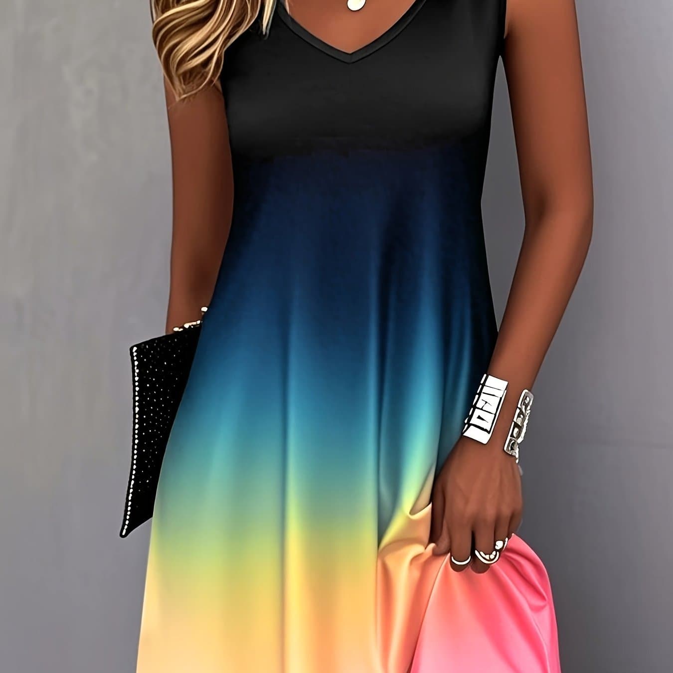 TEMU New Summer Fashion V-neck Gradient Printed Sleeveless Tank Dress In Plus Sizes For Women