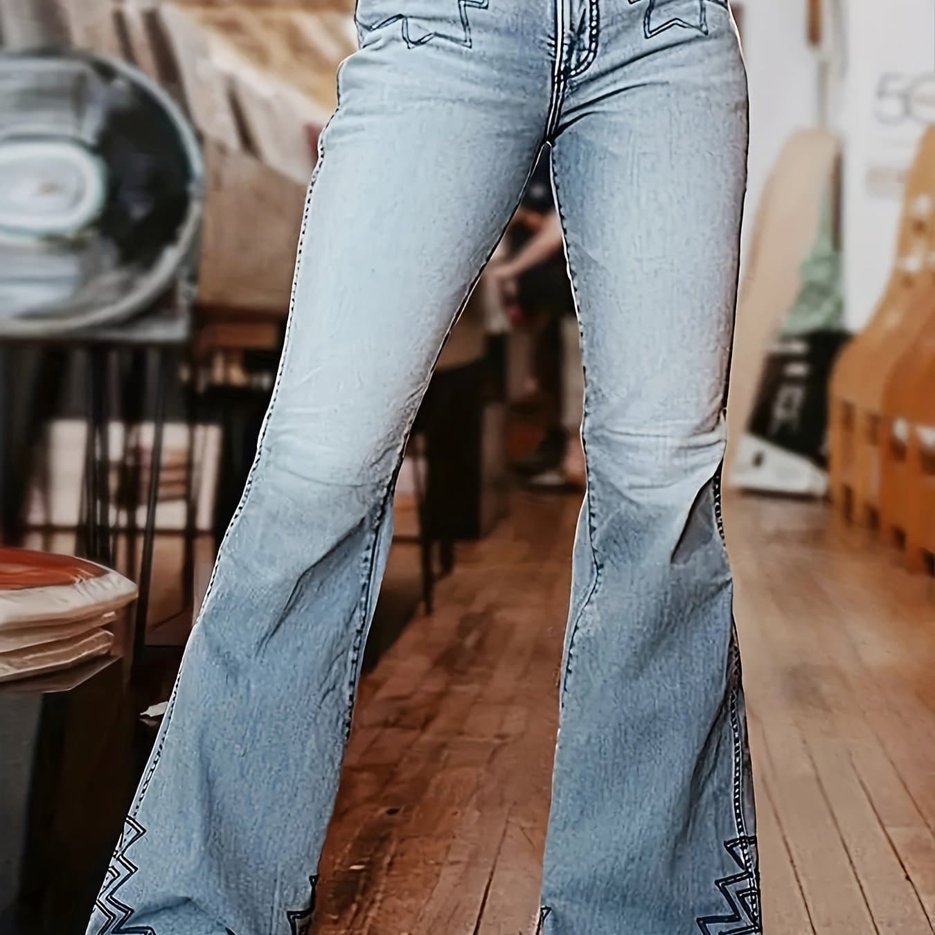 TEMU High-waisted Flare Jeans With Geometric , Light Blue Denim, Western Style