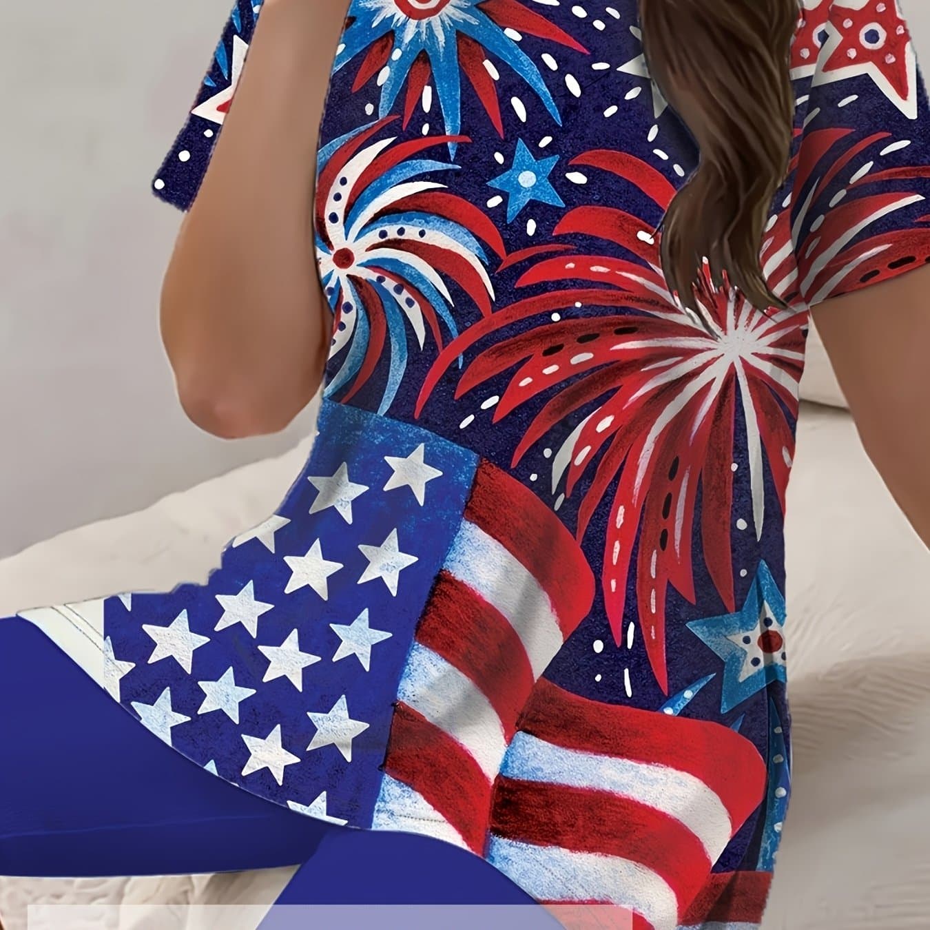 TEMU [1pcs T-shirt Without Shorts Included] Us Day Flag Fireworks Women's Plus Size Side Slit T-shirt Loose Short Sleeved Washable Plus Size Women's Spring/summer New Item