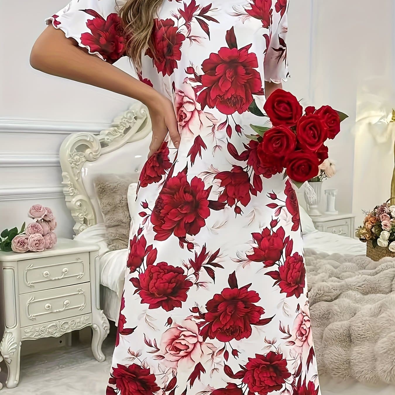 TEMU Women's Elegant Short Sleeve Nightgown - Floral Print Sleep Dress With Elastic Round Neck & Short Sleeves, Machine Washable One-piece Pajama Dress For, Lounge & Bed - Soft Breathable Robe For S