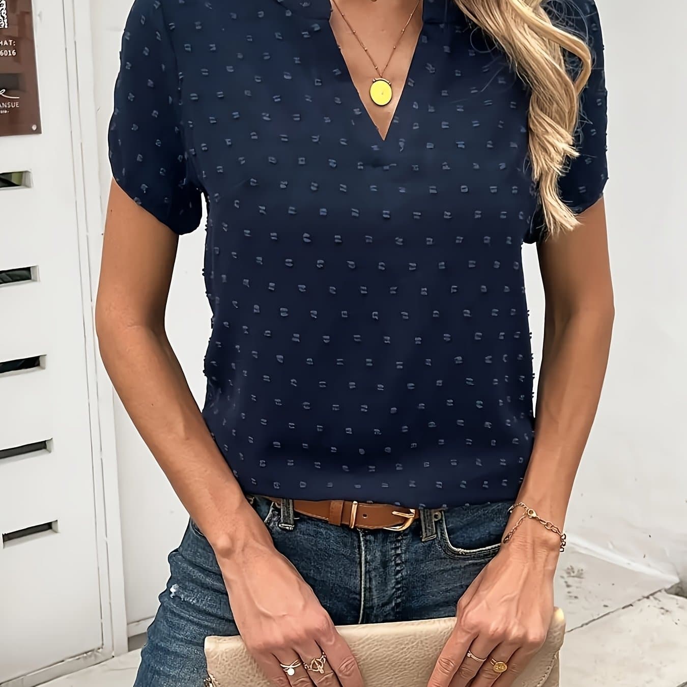 TEMU Women's Dot Blouse - 100%, , Solid Color, Lightweight & Flattering, Short Sleeve Top For Spring/summer
