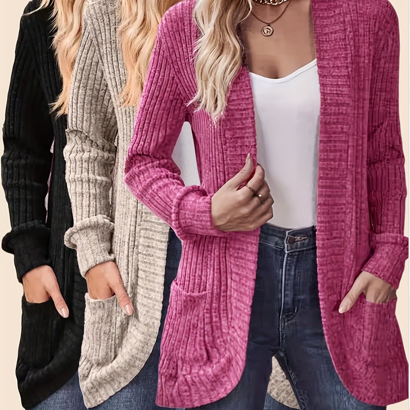TEMU Multi Colored 3pcs Directional Women' Stripe Brushed Casual Cardigan Long Sleeved Jacket, Versatile Sweater For All