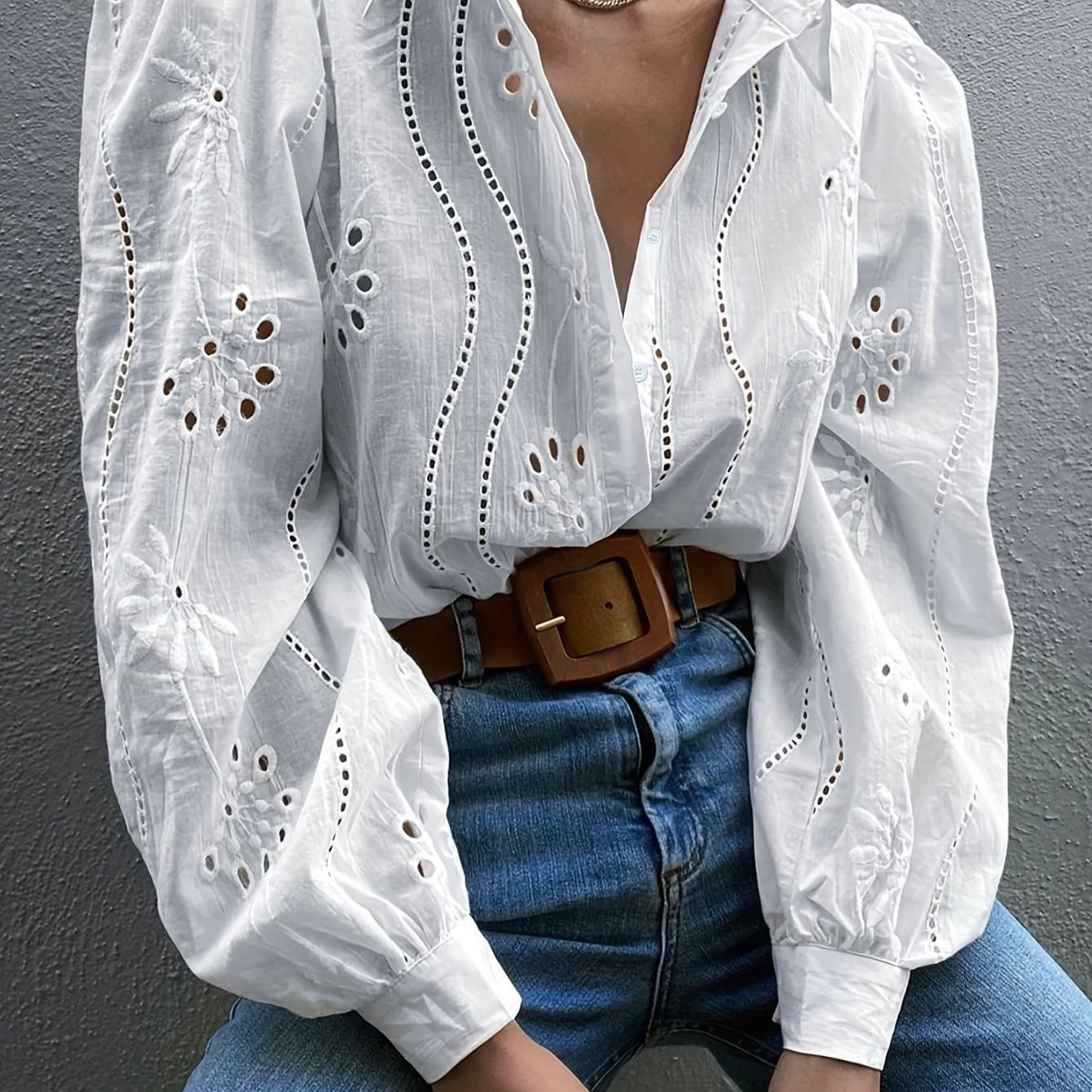 TEMU Women's Embroidered Lantern Sleeve Button-up Casual Long Sleeve Shirt
