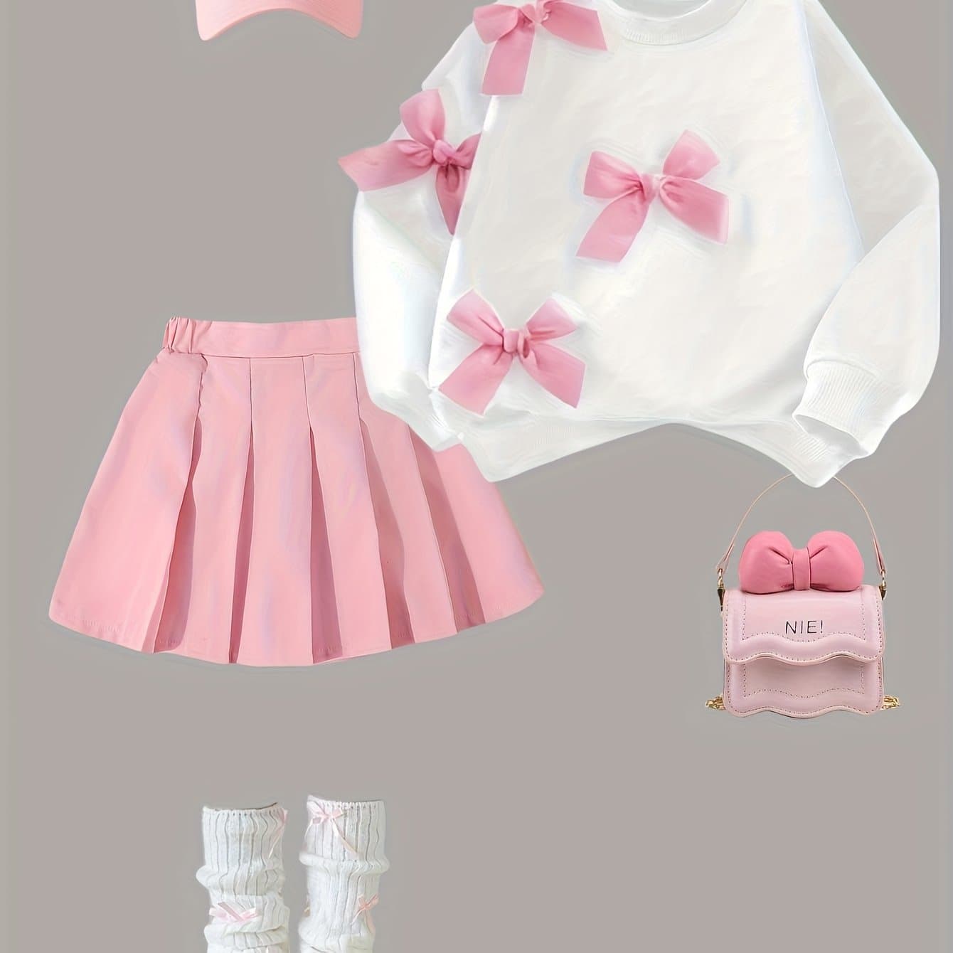 TEMU Trendy Kpop Two-piece For Girls, Tailored Specifically 8 To 12, Featuring A Long-sleeved Sweatshirt And A Pleated Skirt. Embellished With Bows, Ideal For A Everyday And For Stage Performances
