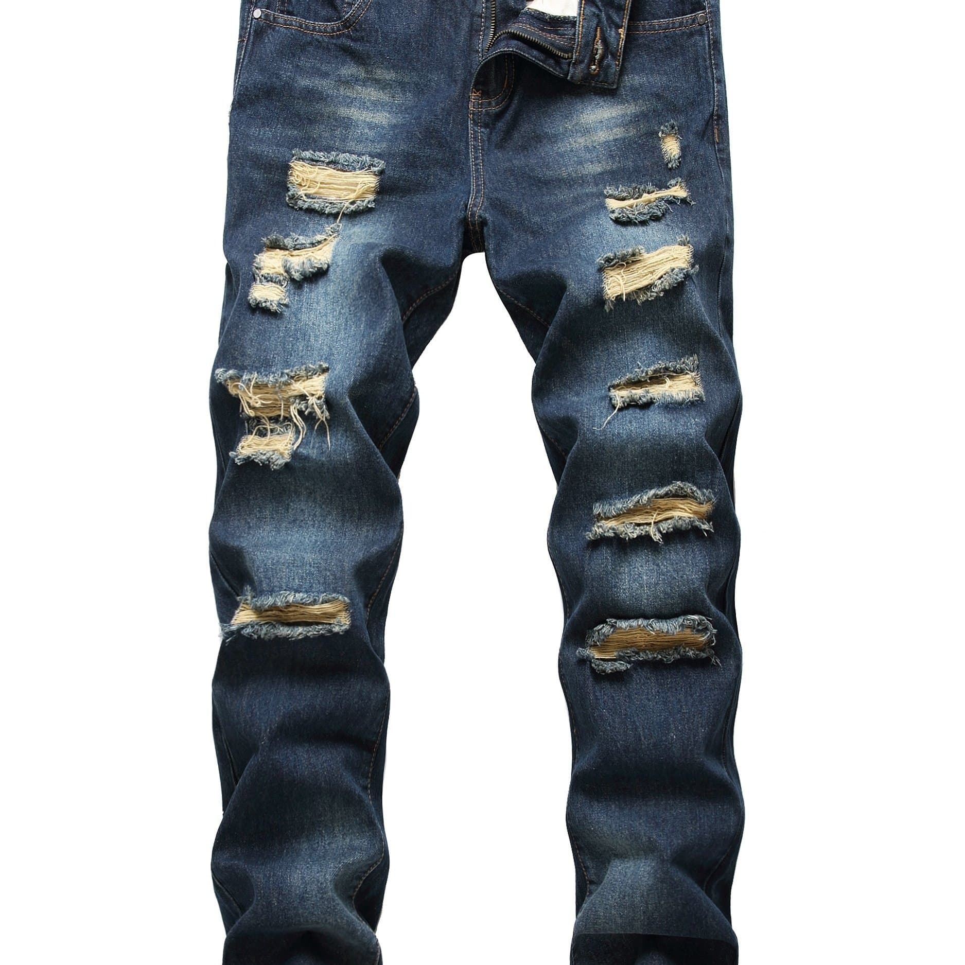 TEMU Men's Navy Blue Ripped Skinny Wild Jeans