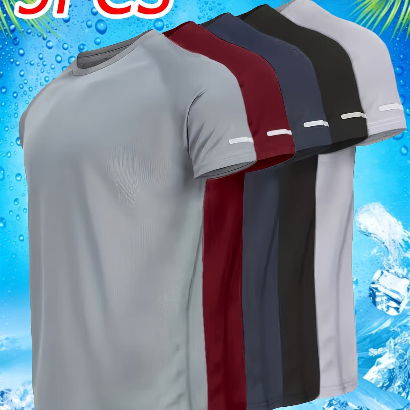 TEMU 5pcs Printed Men's Quick- T-shirts With Reflective Strips, Breathable And Quick-dry Short Sleeve Crew Neck T-shirts, Moisture-wicking Tops For Gym, Fitness, And Running