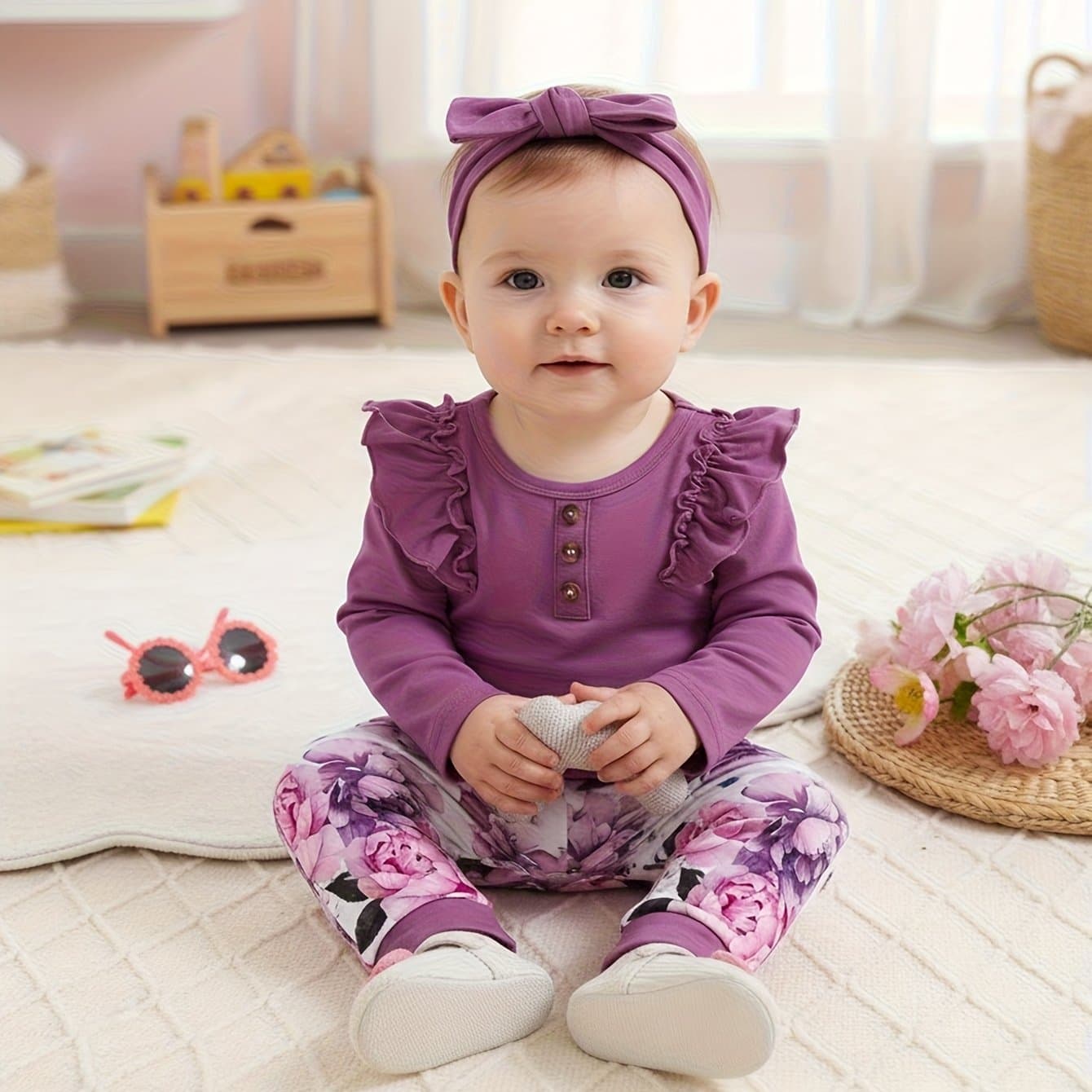 TEMU Spring/autumn Solid Color Ribbed Flutter Sleeve Long Sleeve Romper With Floral Print Pants And Bow Headband Set For Baby Girls, Suitable For Outdoor Wear, Perfect For Outdoor