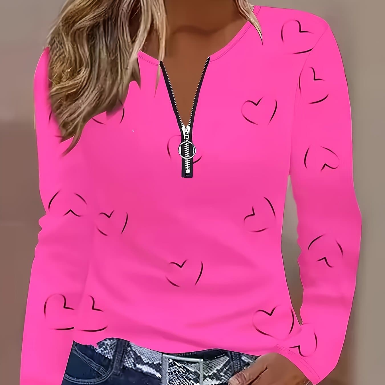 TEMU Women's Elegant Long Sleeve T-shirt | Stretch Fabric, Zipper Detail, Suitable For All , Casual Fashion Top, Versatile Clothing