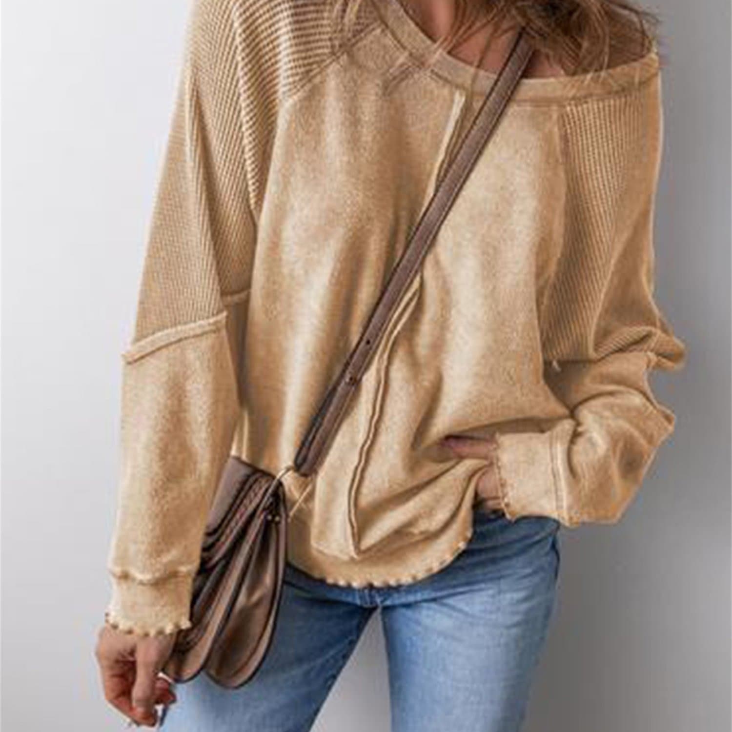 TEMU Women's Waffle Pattern Loose Splicing Long Sleeve Early Fashion Style