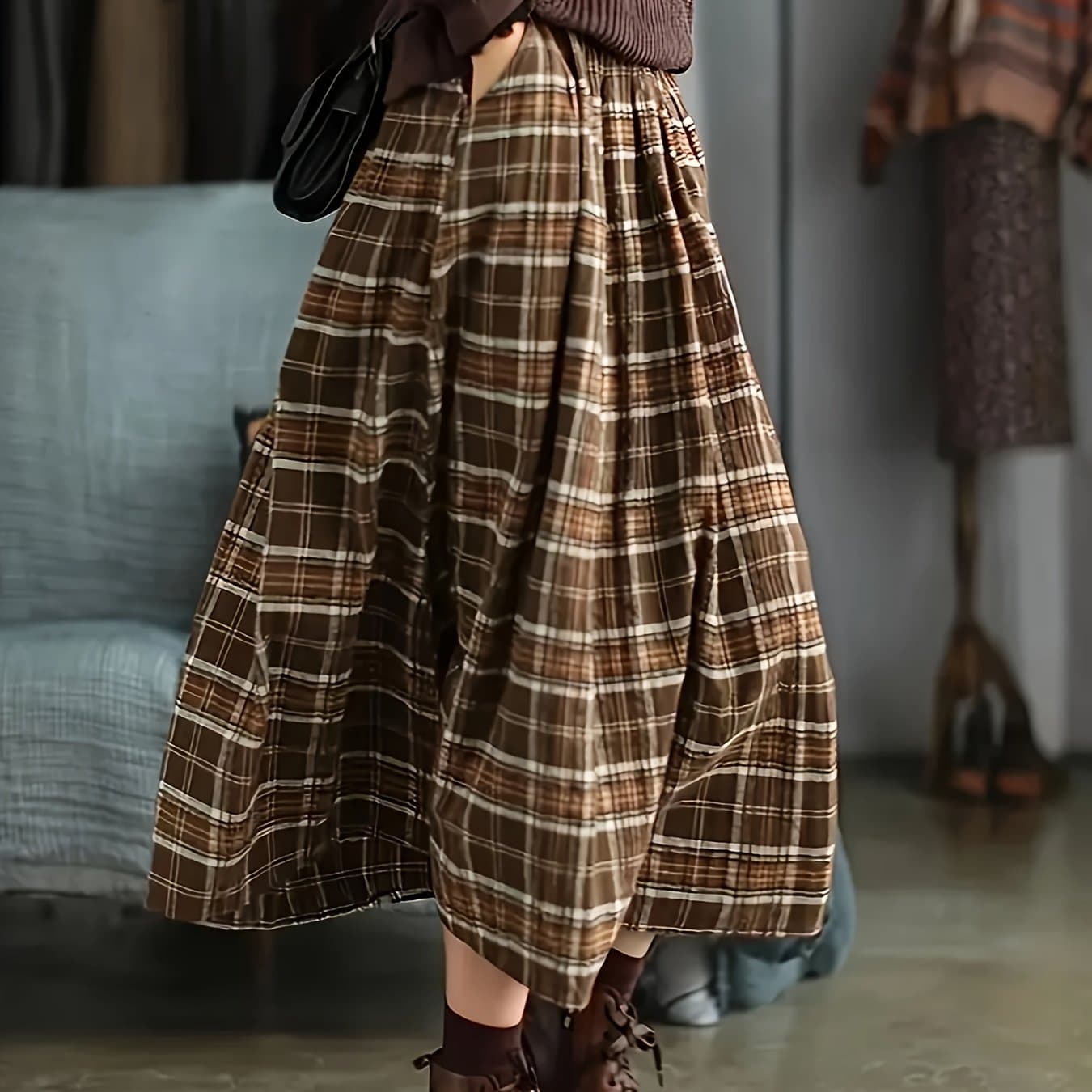TEMU -inspired Brushed Plaid A-line Skirt With Elastic Waist, Loose Fit And Versatile Style