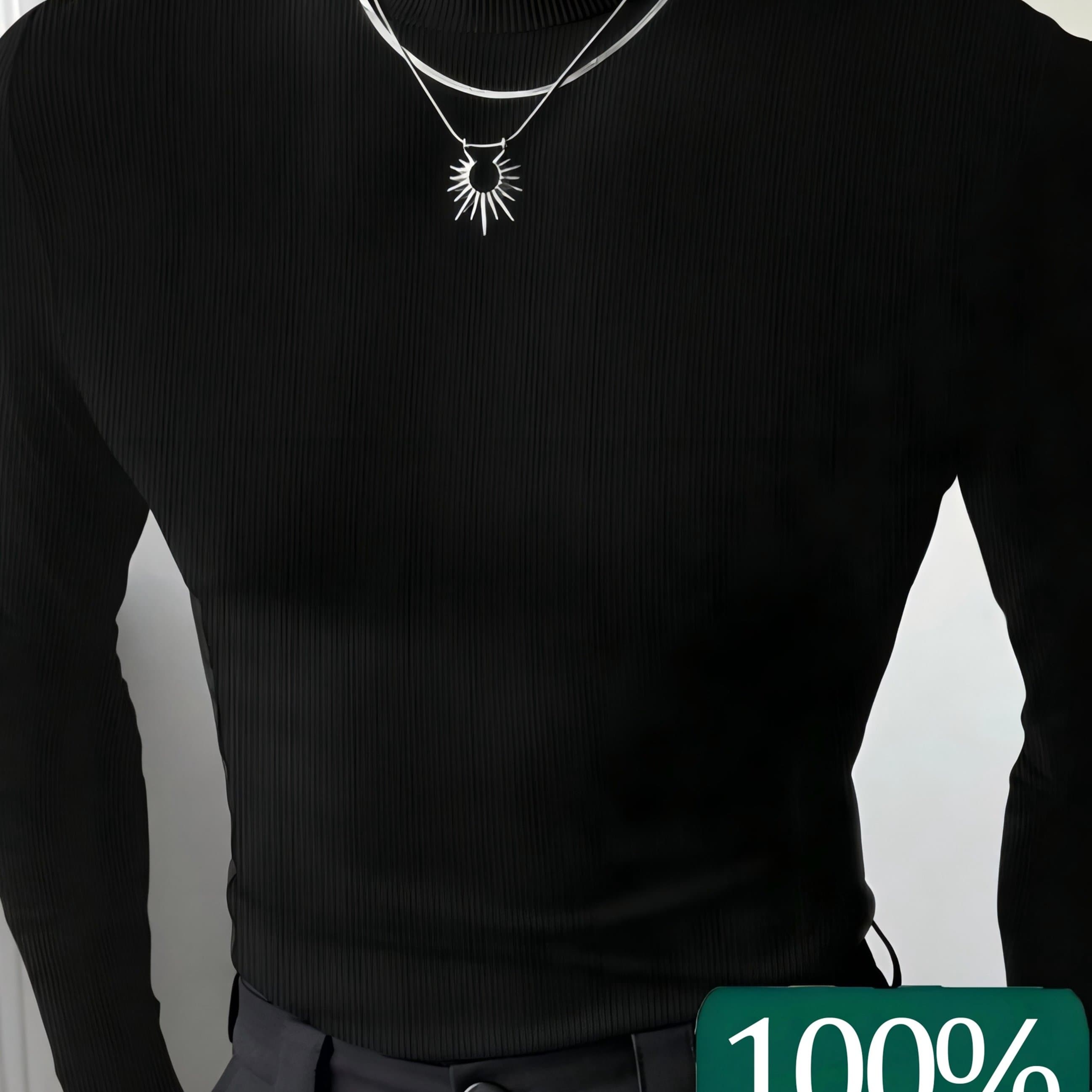 TEMU Men's Casual Solid Color 100% Rayon Ribbed High Neck Slim Fit Long Sleeved T-shirt, Suitable For