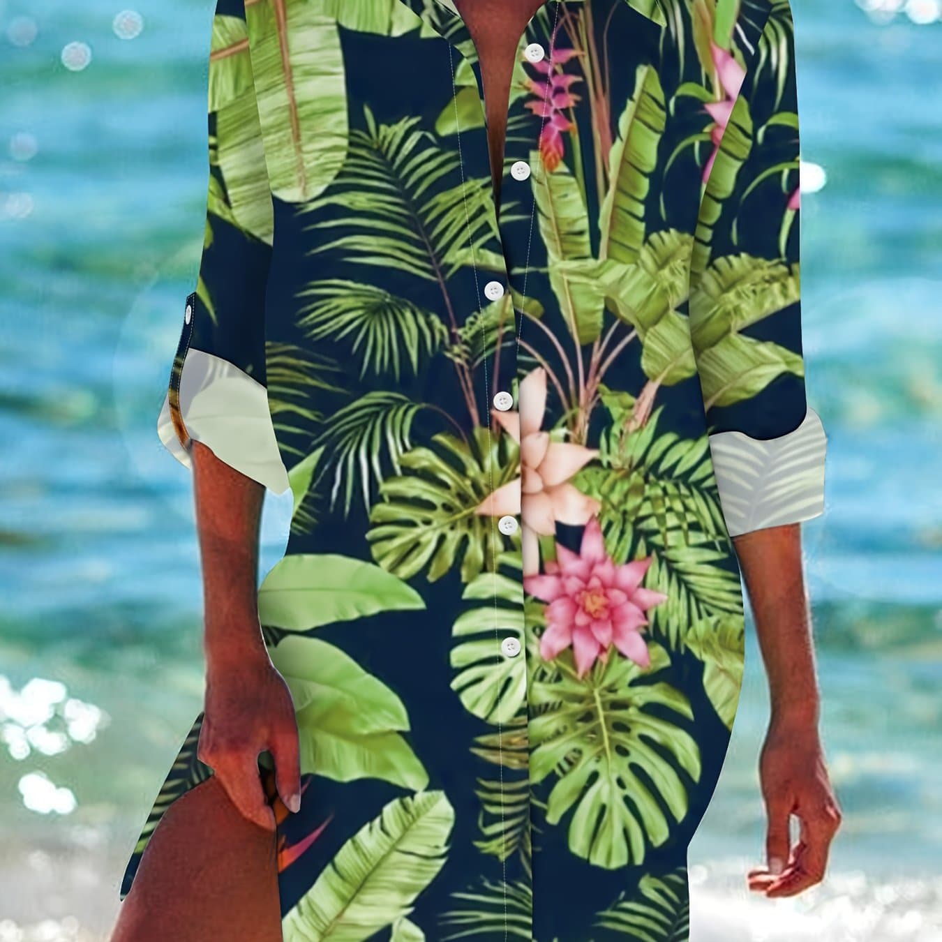 TEMU Women's Casual Floral Print Long Sleeve Shirt Dress - Loose Fit, Button-up Collar, Perfect For Beach & All