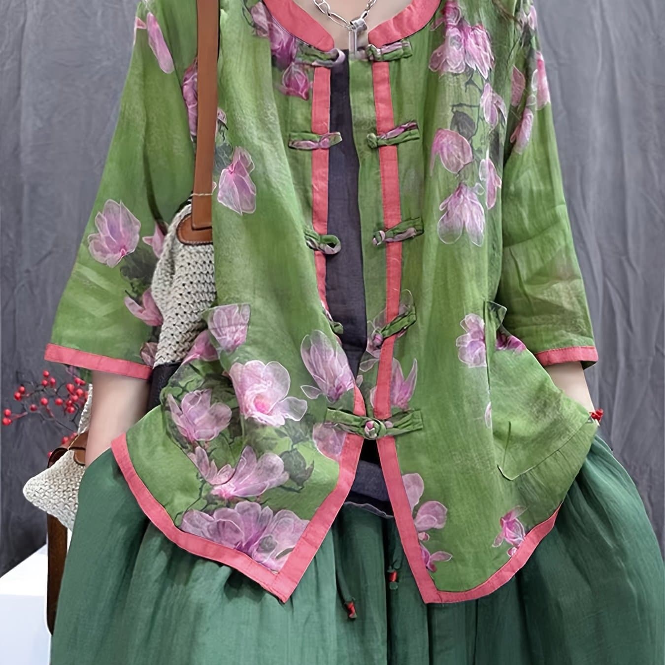 TEMU New Retro Floral Print Button-up Cardigan, Literary Casual Loose Ankle-length Top, Vacation Elegant Style