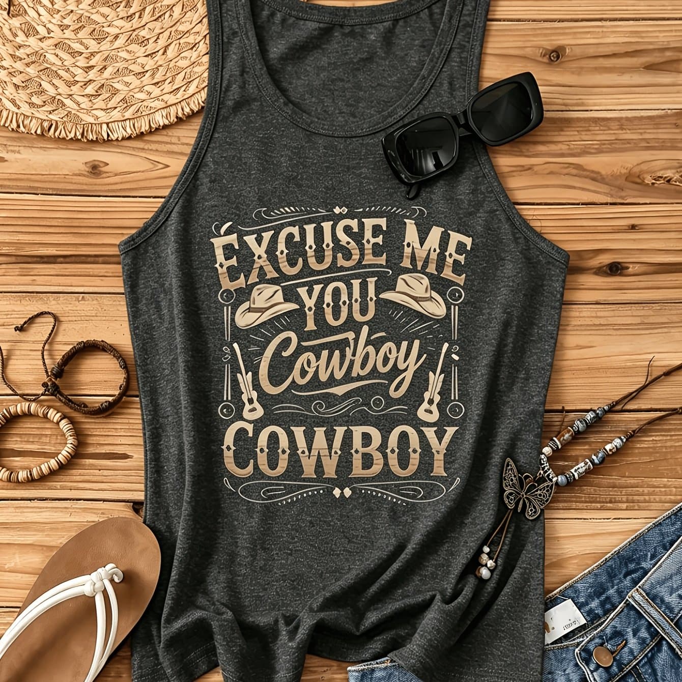 TEMU Women's Sleeveless Cowgirl Print Tank Top With " Me You" Lettering - Western Style Round Neck Beach Shirt, Machine Washable Casual Blouse Top Suitable For S, Music Festivals & Casual Attire