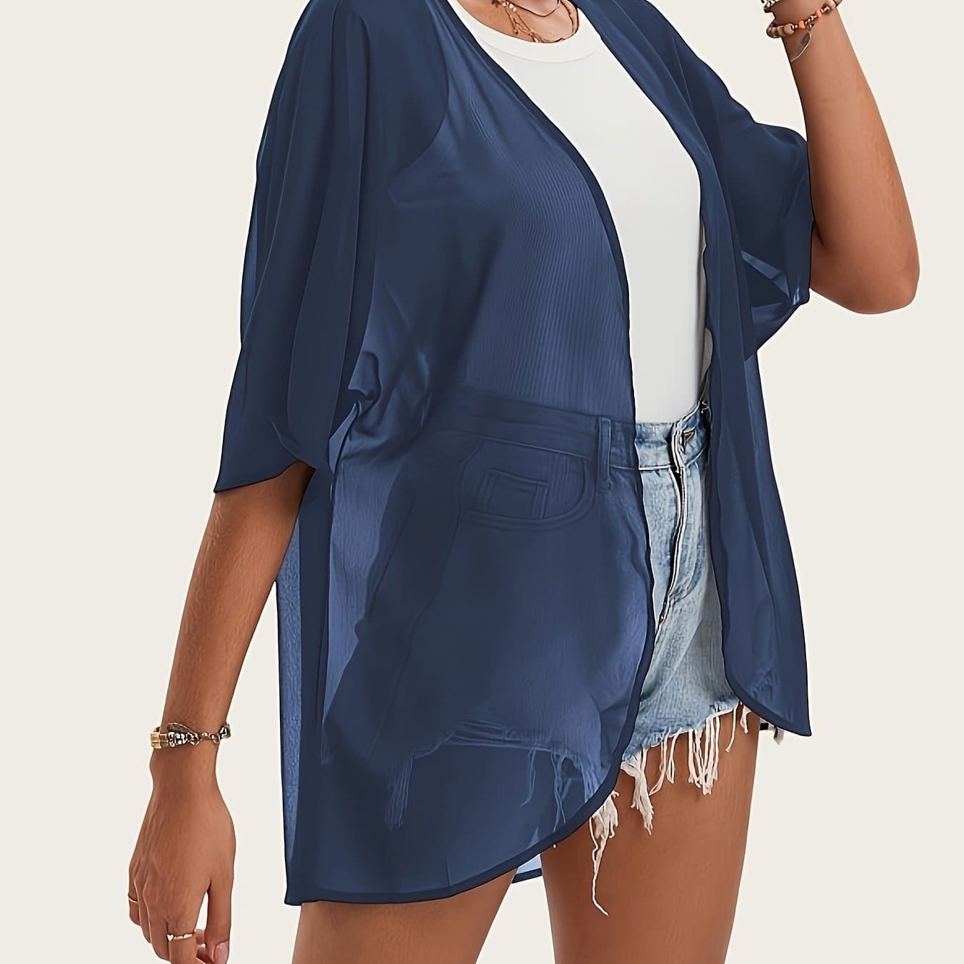TEMU Women's Plus Size Kimono Beach Chiffon Cardigan, Solid Color Loose , Cover Up