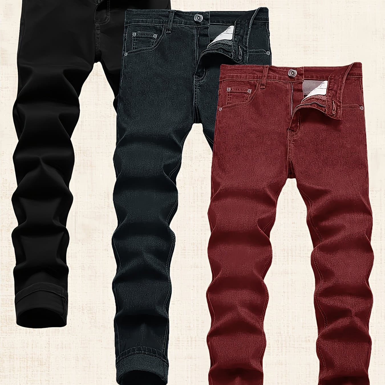 TEMU Set Of 3 Men's Slim Fit Denim Pants - Comfortable Stretch, Stylish Urban Fashion, Casual Trousers