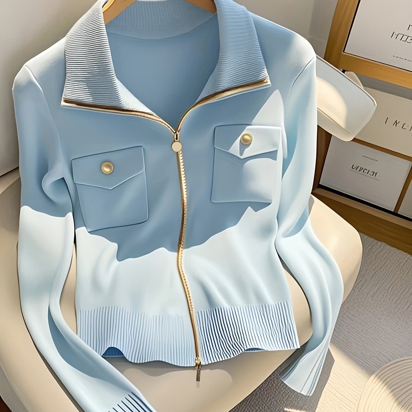 TEMU Autumn And Winter Unique And Chic Lapel Sweater Base Cardigan Women's High-end Design Niche Blue Long-sleeved Top Zipper Jacket Women