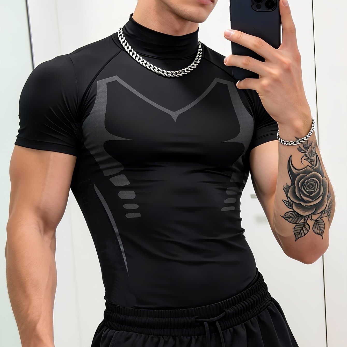 TEMU Men' High-neck Sports Short-sleeved Top, Slim Fit, Geometric Pictures, Suitable For Sports, Running, Fitness, Cycling, Quick-drying, Breathable, And Elastic Fabric