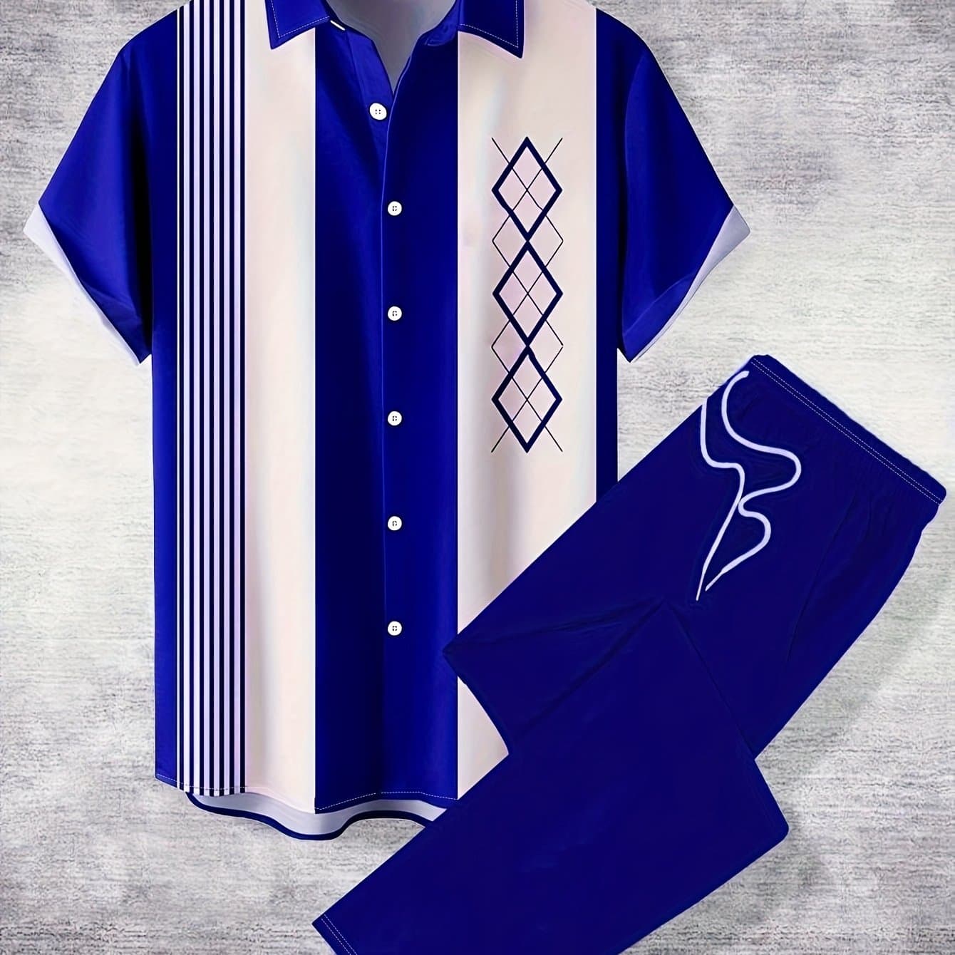 TEMU Men's Summer Casual Striped Geometric Pattern Short Sleeve Shirt + Pants Trendy Retro Two-piece Set
