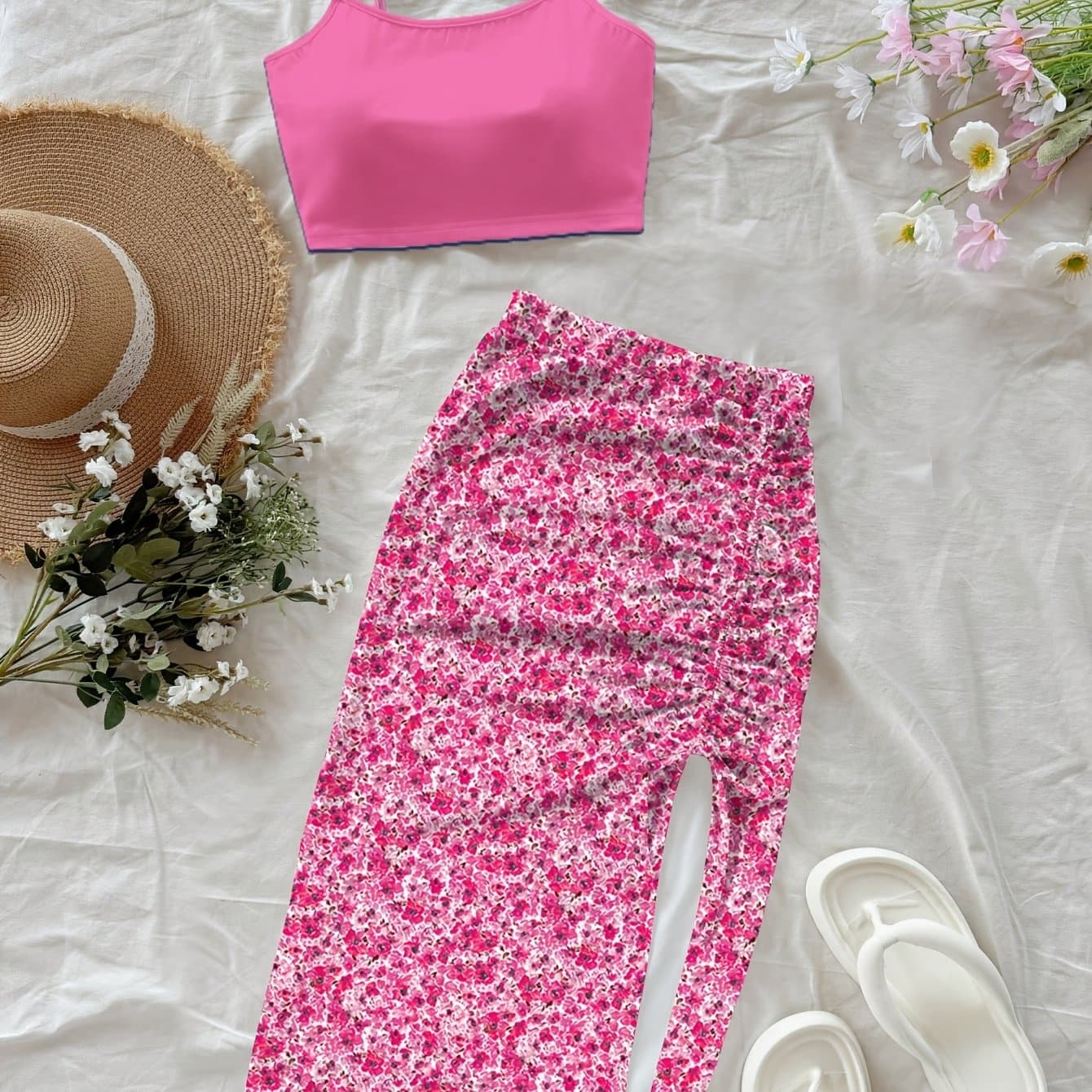 TEMU Women's Fashion Casual Floral Pattern Short Camisole And Bodycon Skirt Two-piece Set