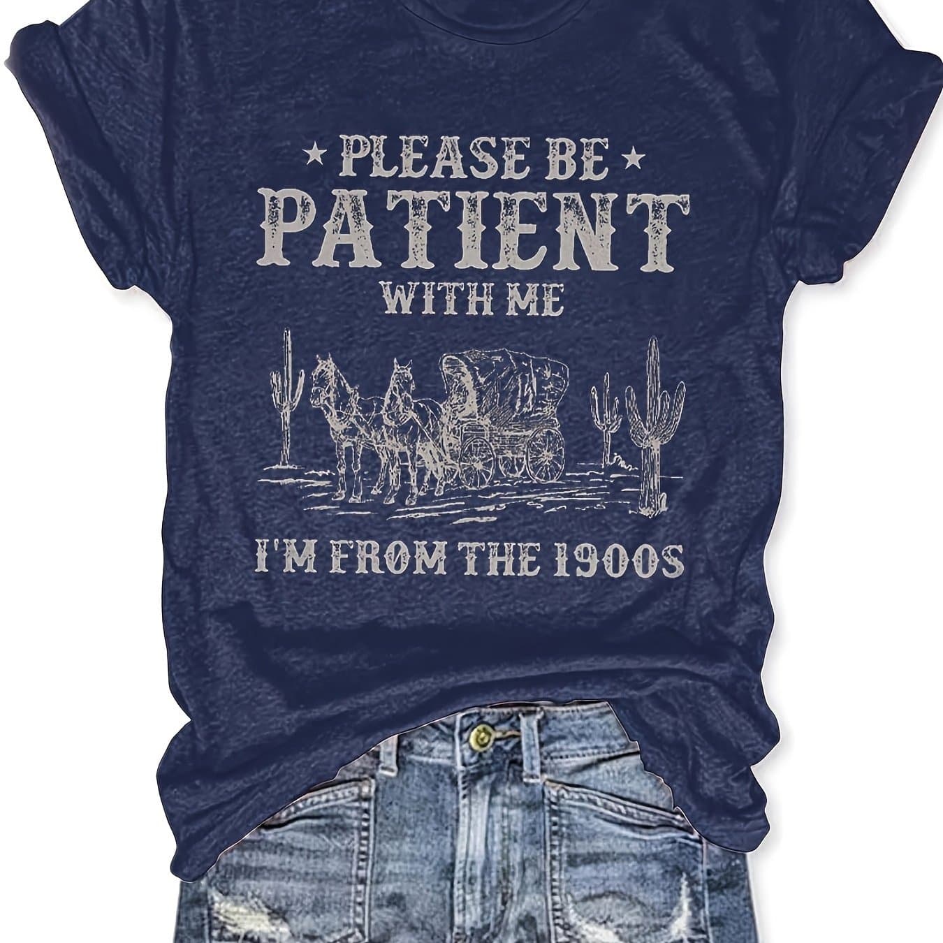 TEMU Women's Casual Short Sleeve T-shirt- Round Neck Loose Fit, Lightweight Polyester Blend Fabric With Rayon And Spandex, Machine Washable, Dark Blue Printed Pattern 'please The ', Summer Must-have