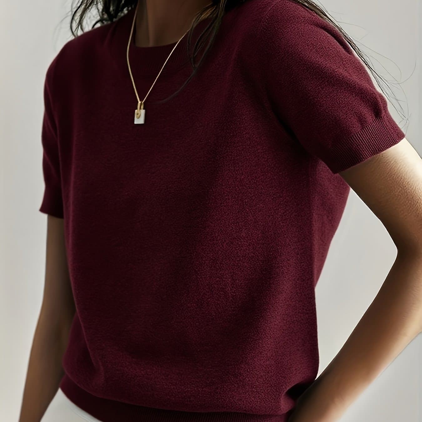 TEMU New Minimalist Casual Outdoor Thin Pullover, Women's Round Neck Solid Color Short Sleeve Top
