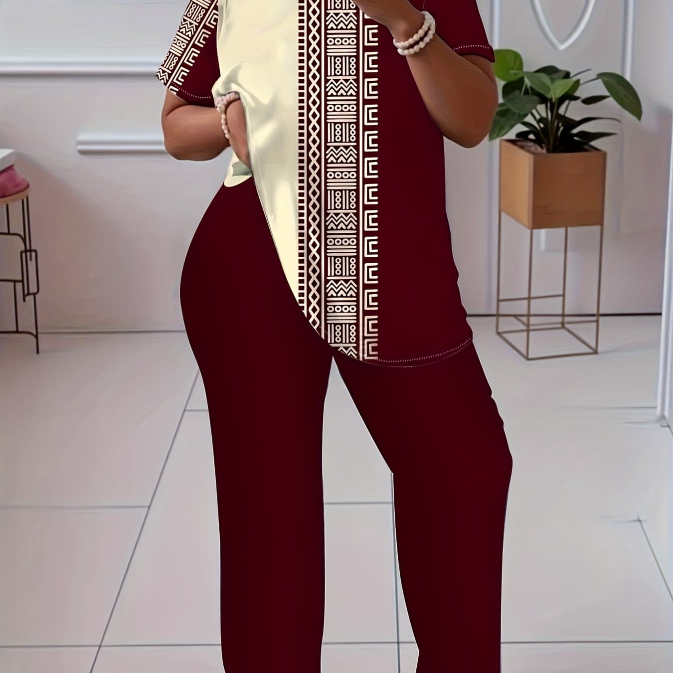 TEMU Size Women'-piece Set With Ethnic Style, Digital Printed Short Sleeved Pants, Casual Suit