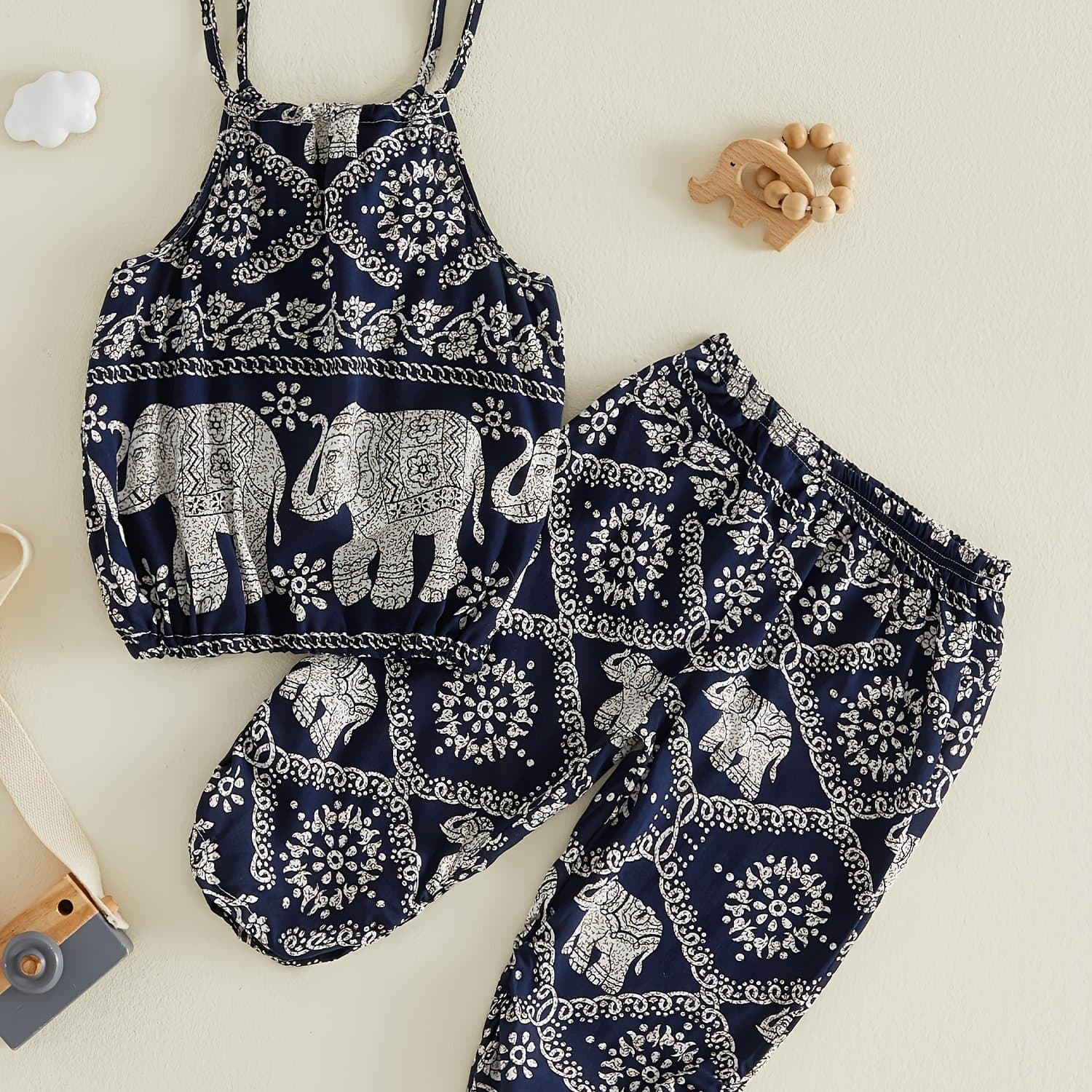 TEMU Summer 2pcs Girls' Clothing Set, Cute Little Kids Elephant Vest Top + Long Pants, Random Pattern, Perfect For Outdoor