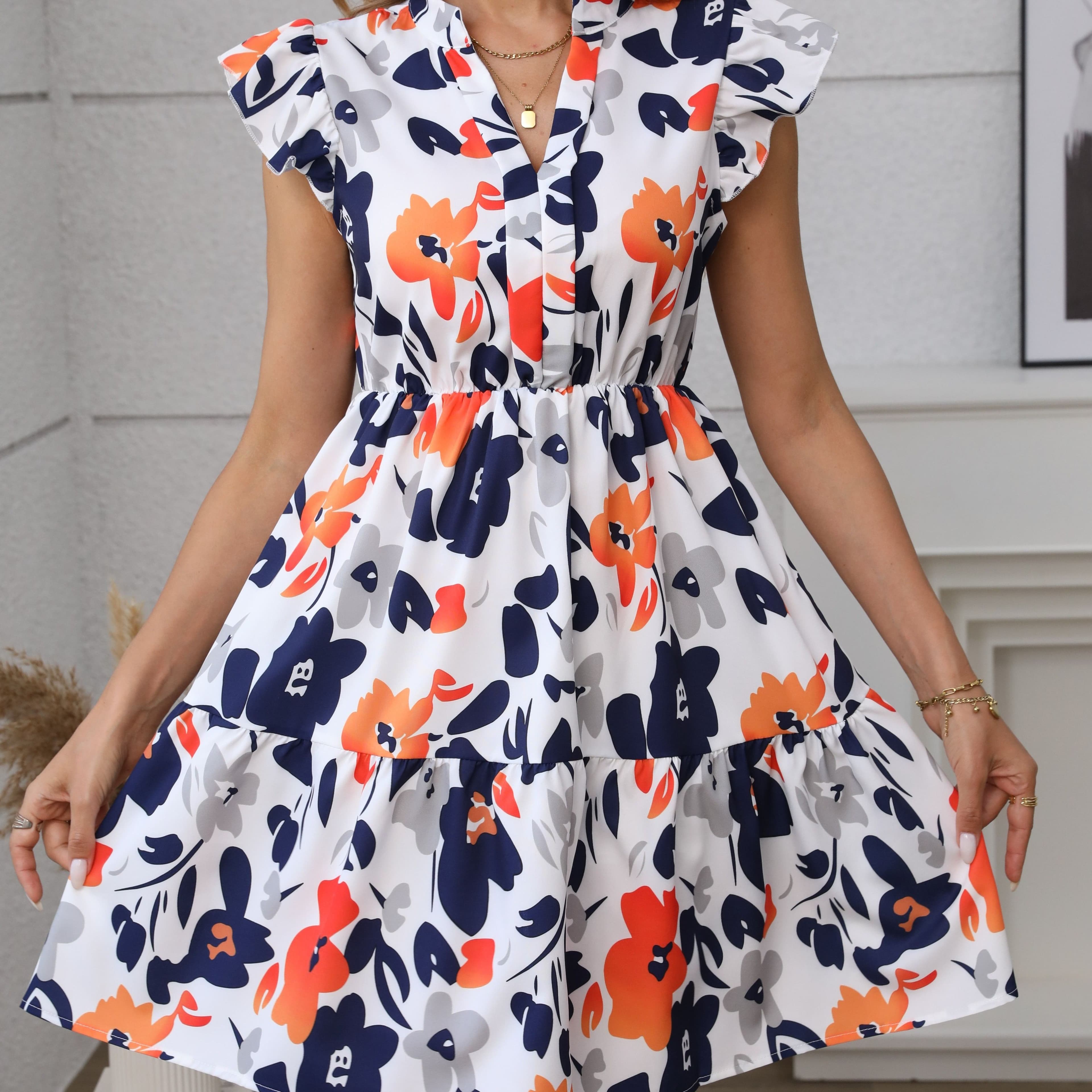 TEMU Women's Summer Floral Print Ruffle Hem Notched Collar Mini Dress, 100% Polyester A-line Dress With Flutter Sleeves