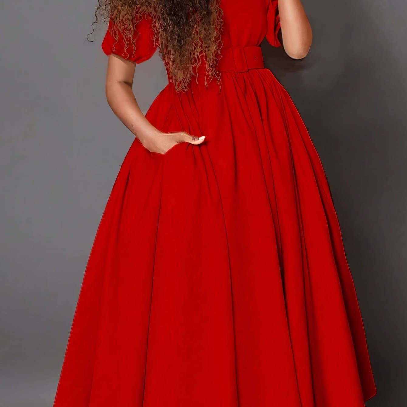 TEMU Local Elegant Fashion Women's Dress Spring/summer Waist-cinched Lady Large-skirt Solid Color With Pocket Belted Dress