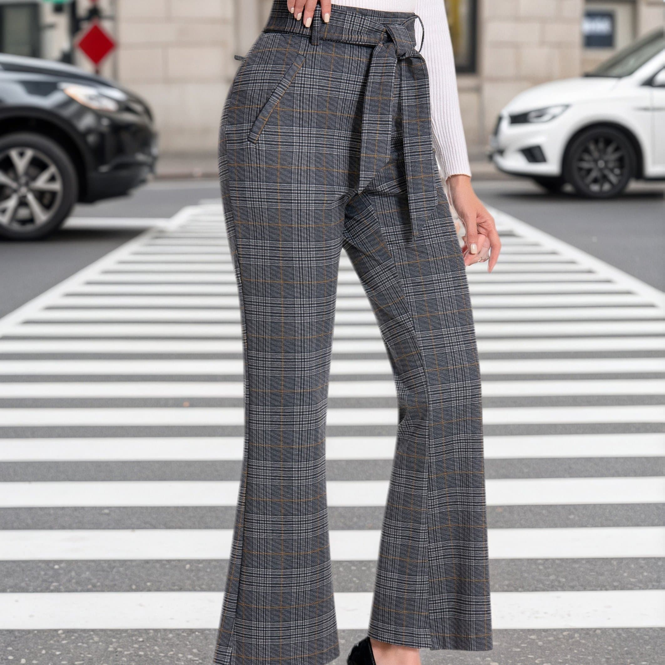TEMU Elegant Plaid Flare Trousers For Women Featuring A High Waist And Tie Belt, Designed For A Slim Fit With Pockets, Perfect For Office Wear