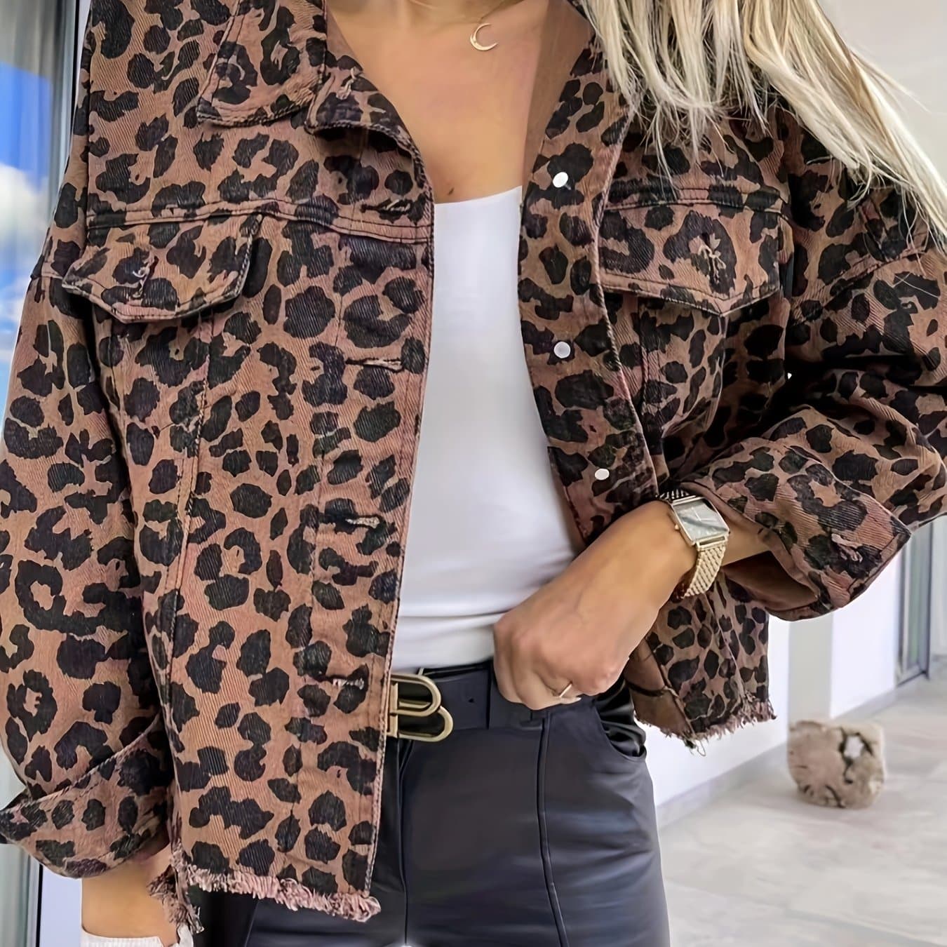 TEMU 2025 New Casual Jacket With Long Sleeves In Denim And Leopard Print
