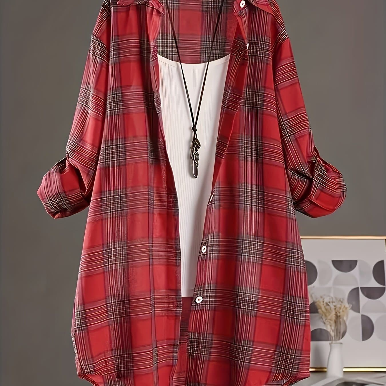TEMU Plus Size - Plus Size - Plus Size Womens Casual Shirt - Lapel Collar, Dipped Hem, Semi-sheer, Long Sleeve, Button Front, Perfect For All