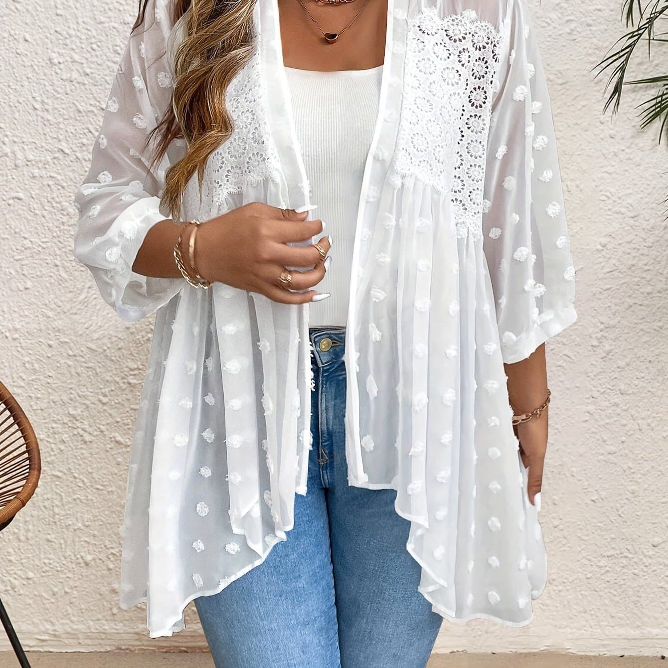 TEMU Plus Size - A Trendy New Plus-size Women's Cardigan Featuring Floral Jacquard, Lace Accents, And A Sheer Irregular Design, Perfect For Vacation Wear.