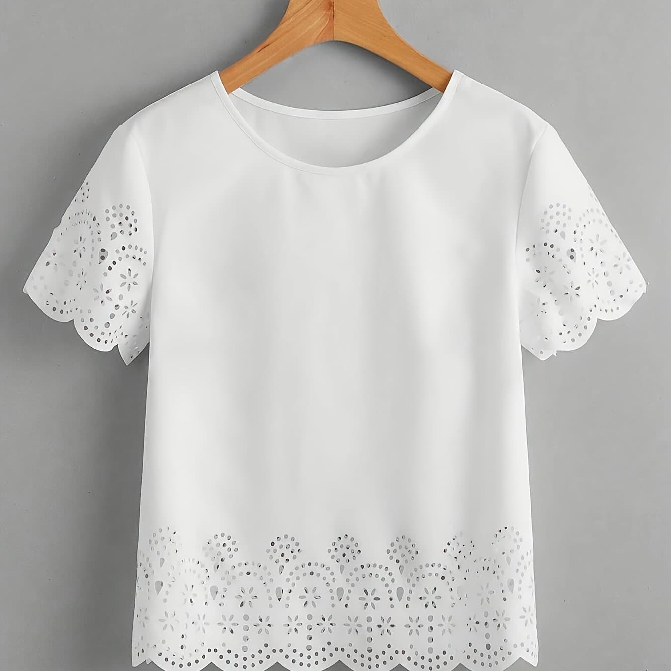 TEMU Women's Laser-cut Asymmetrical Hem Blouse - Elegant Round Neck Short Sleeve Solid Color Shirt, Machine Washable Lightweight Top For Beach Vacations, Casual & Spring/summer Wear, Ladies Beach Wear